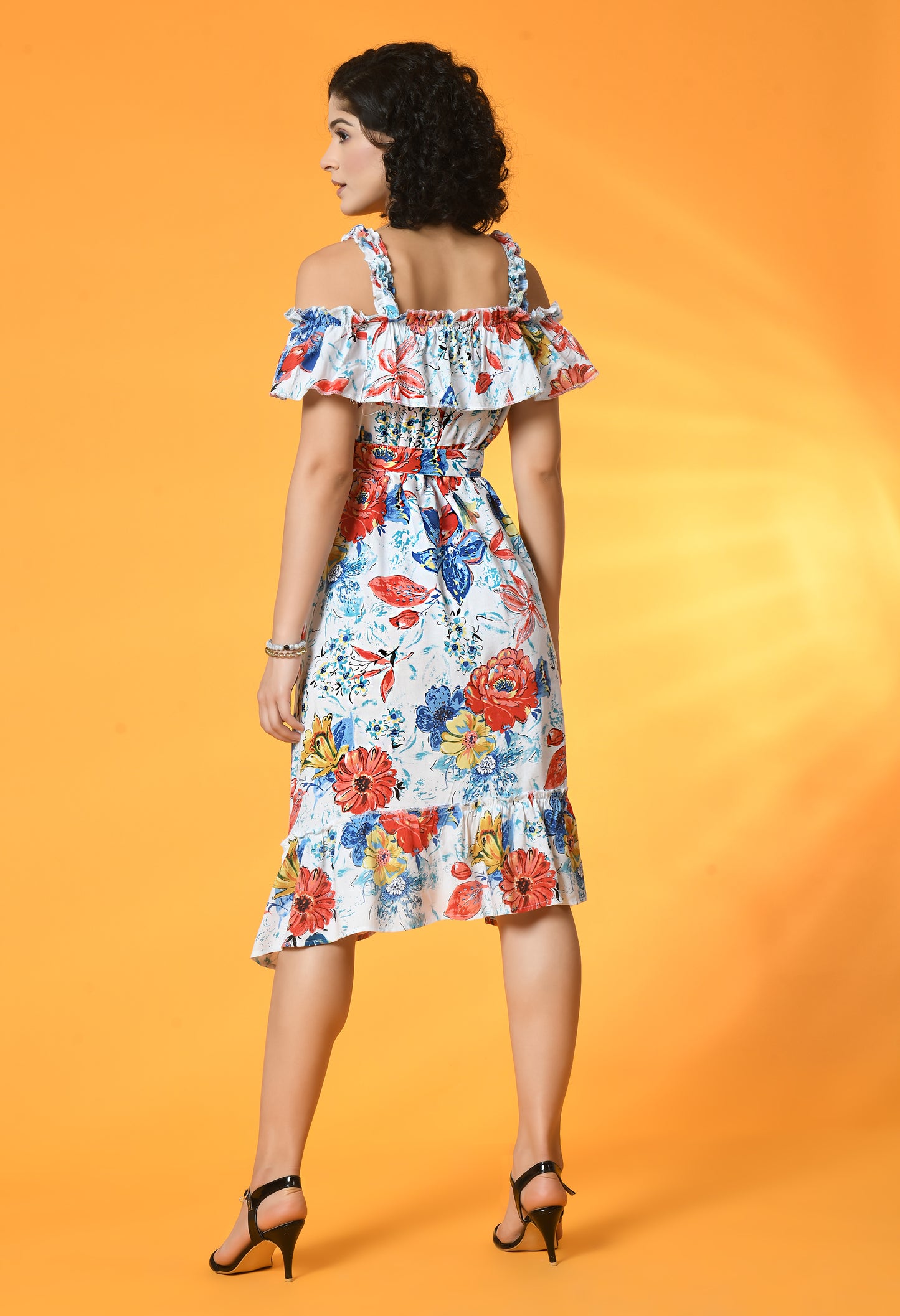 Tropical Floral Strappy Cold Shoulder Dress