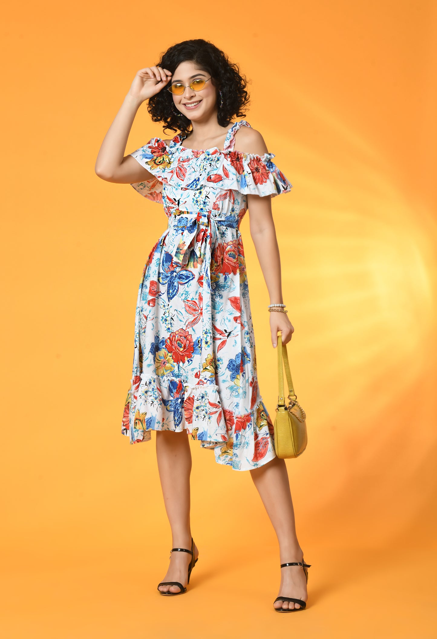 Tropical Floral Strappy Cold Shoulder Dress