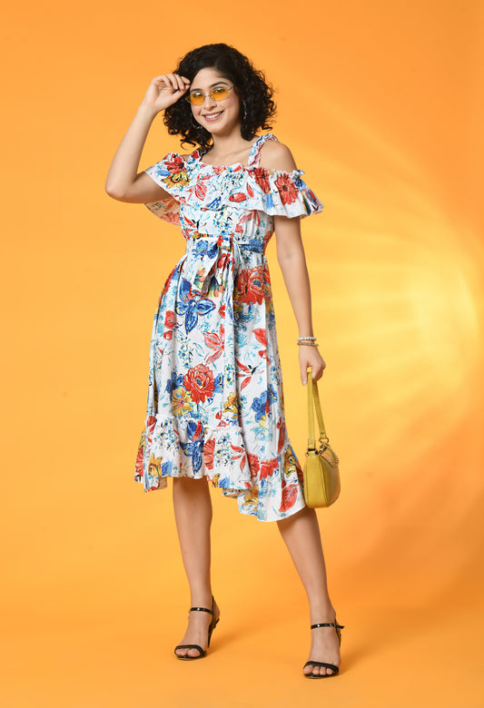 Tropical Floral Strappy Cold Shoulder Dress