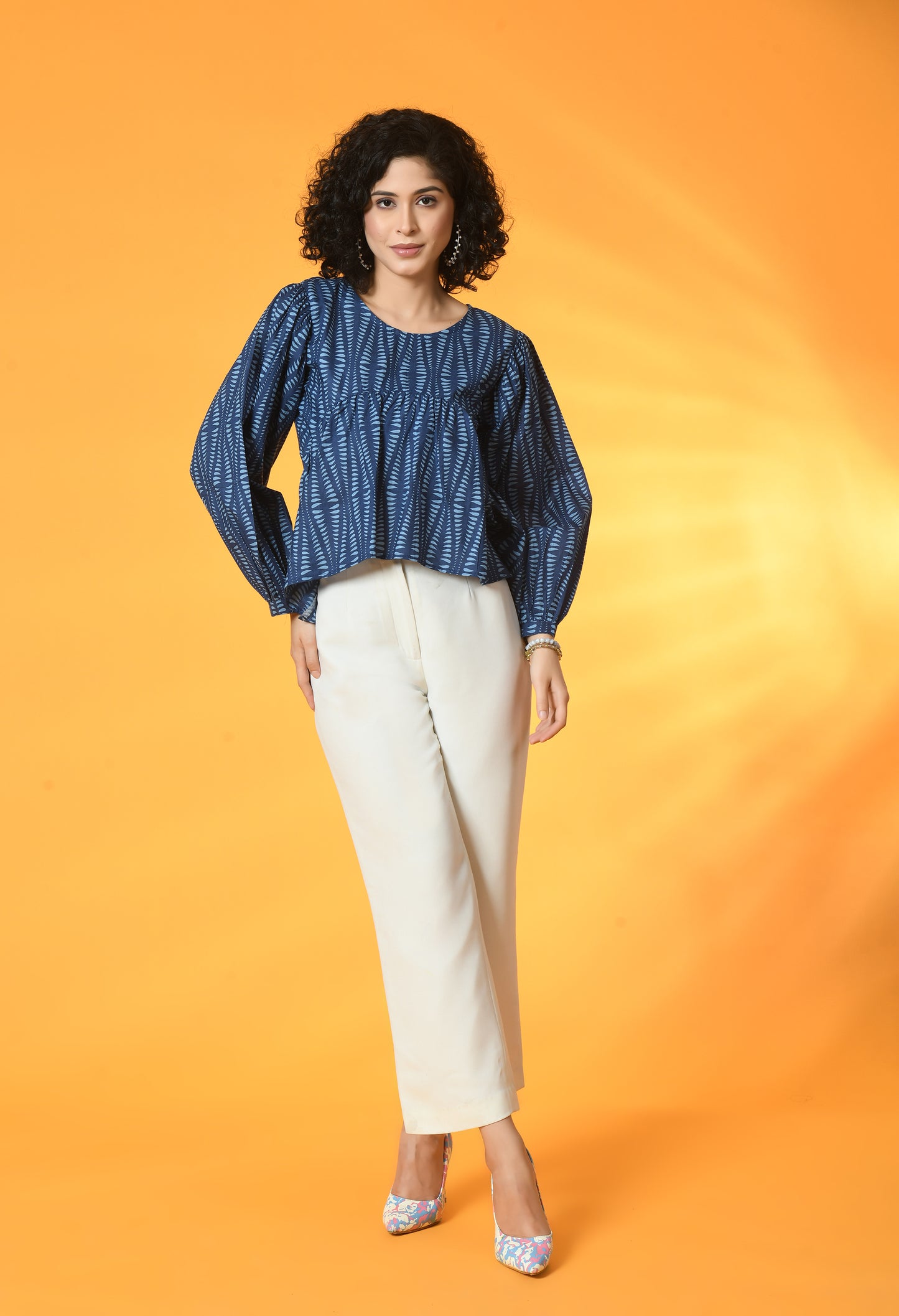 Navy Blue Gathered Balloon Sleeve Top
