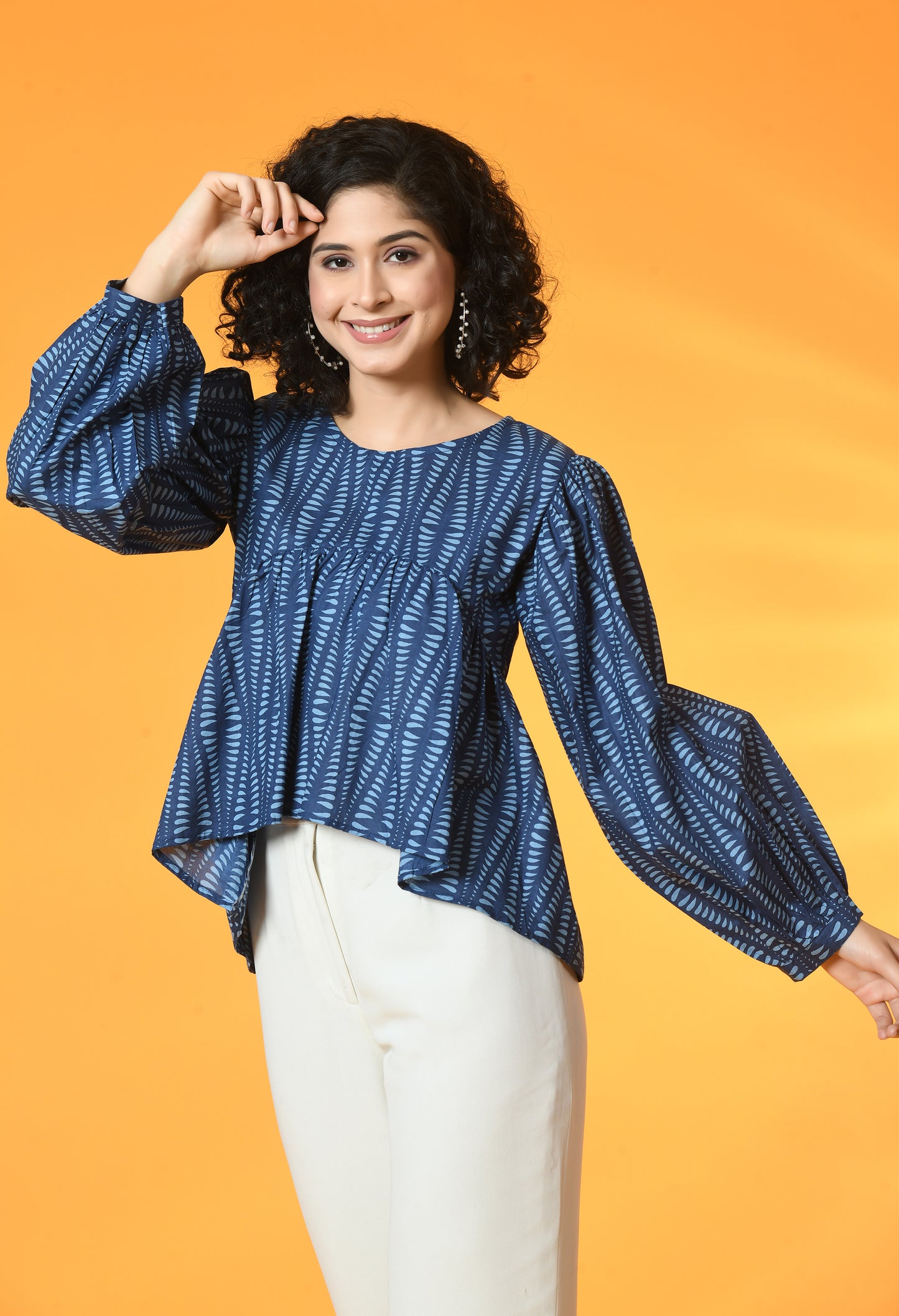 Navy Blue Gathered Balloon Sleeve Top