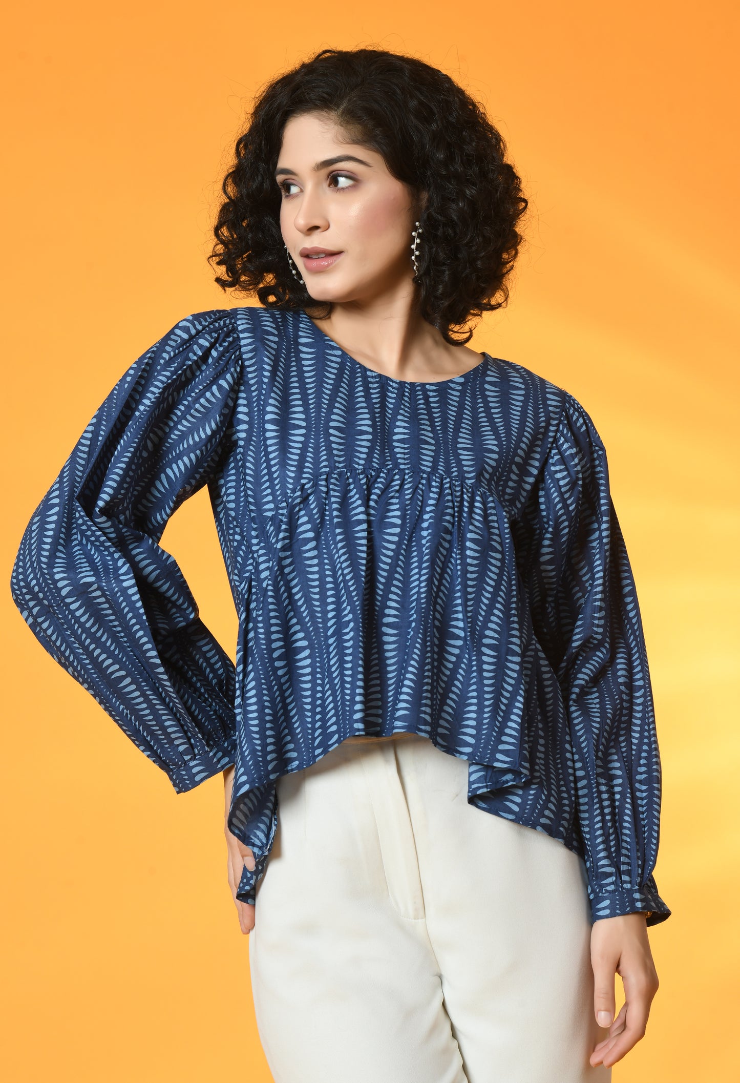 Navy Blue Gathered Balloon Sleeve Top