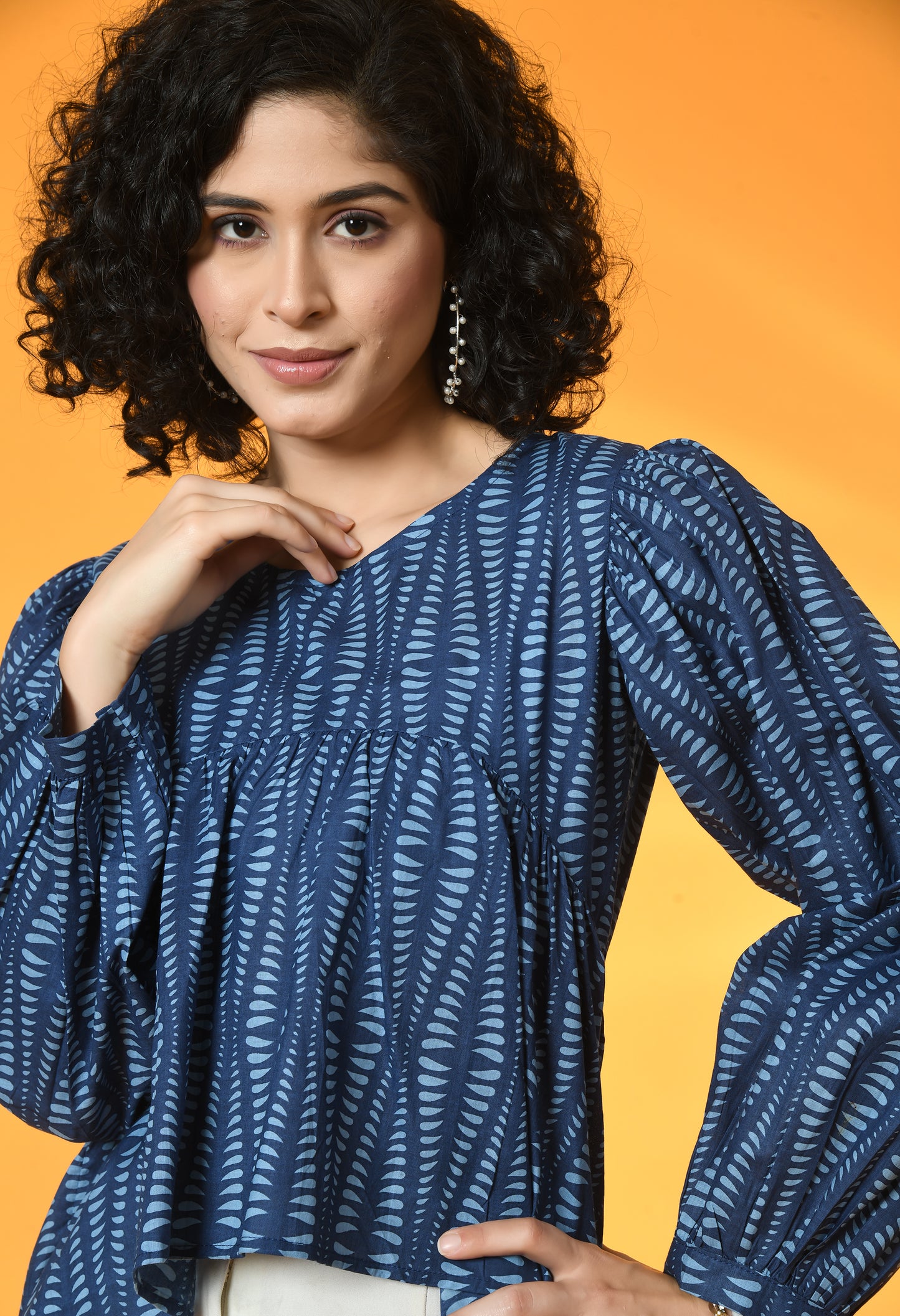 Navy Blue Gathered Balloon Sleeve Top