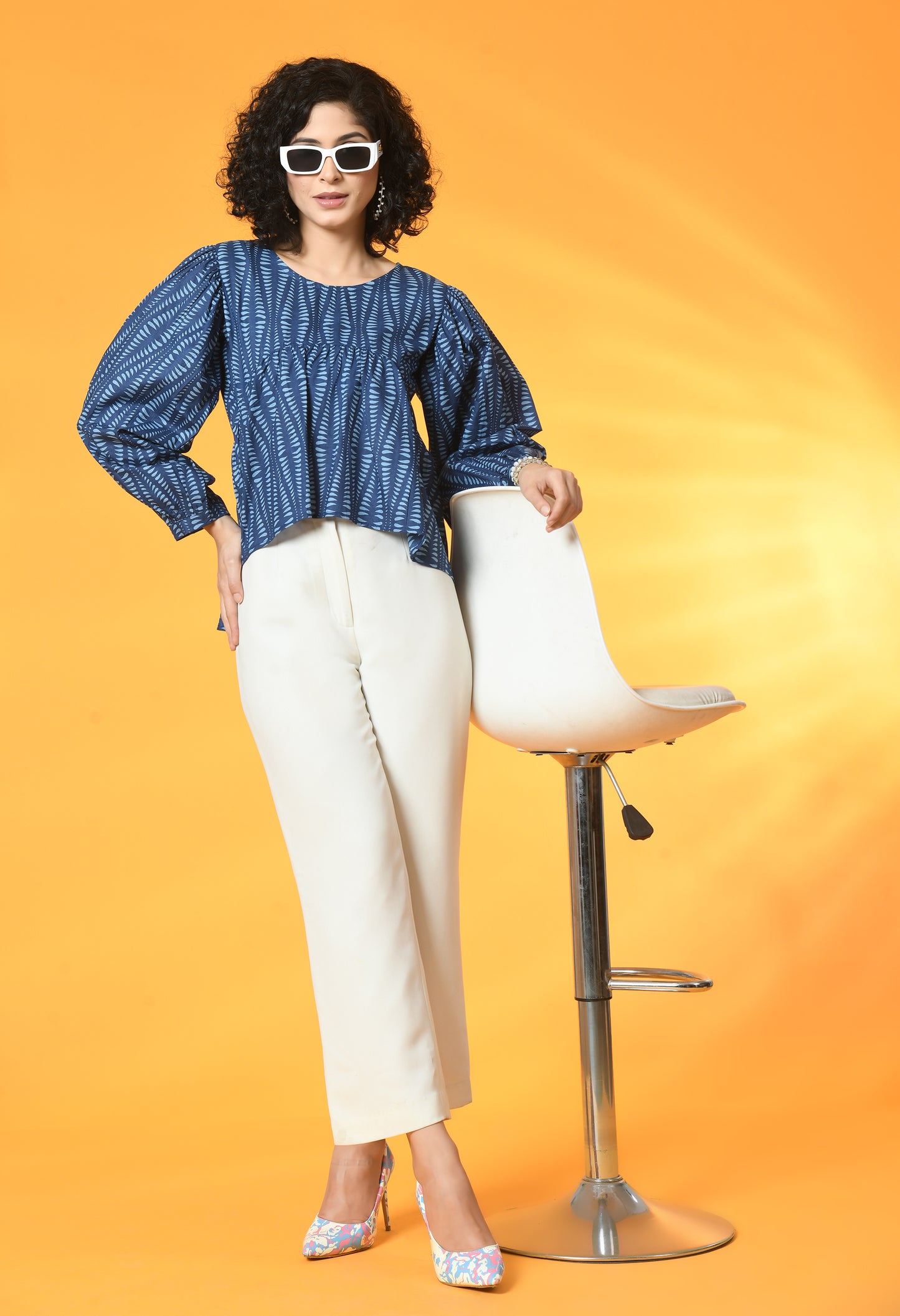 Navy Blue Gathered Balloon Sleeve Top