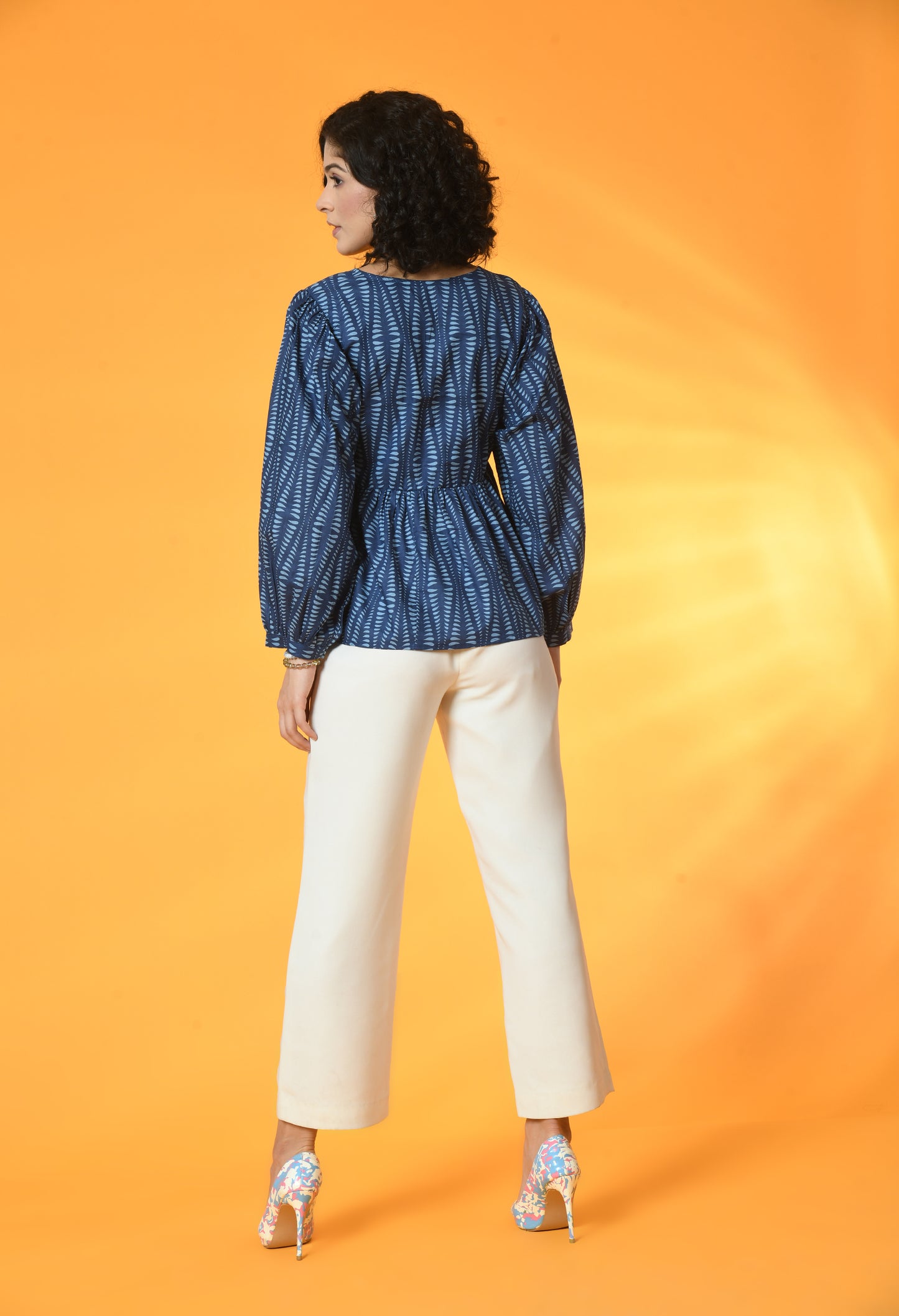 Navy Blue Gathered Balloon Sleeve Top