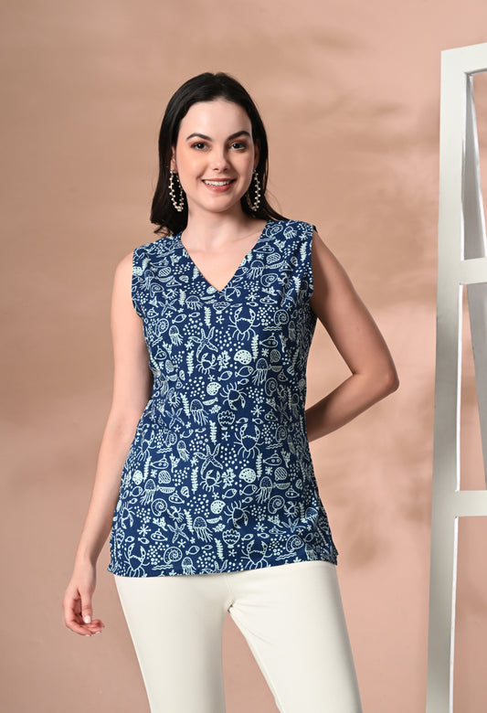 Indigo Blossom Navy Blue V-Neck Sleeveless Top
