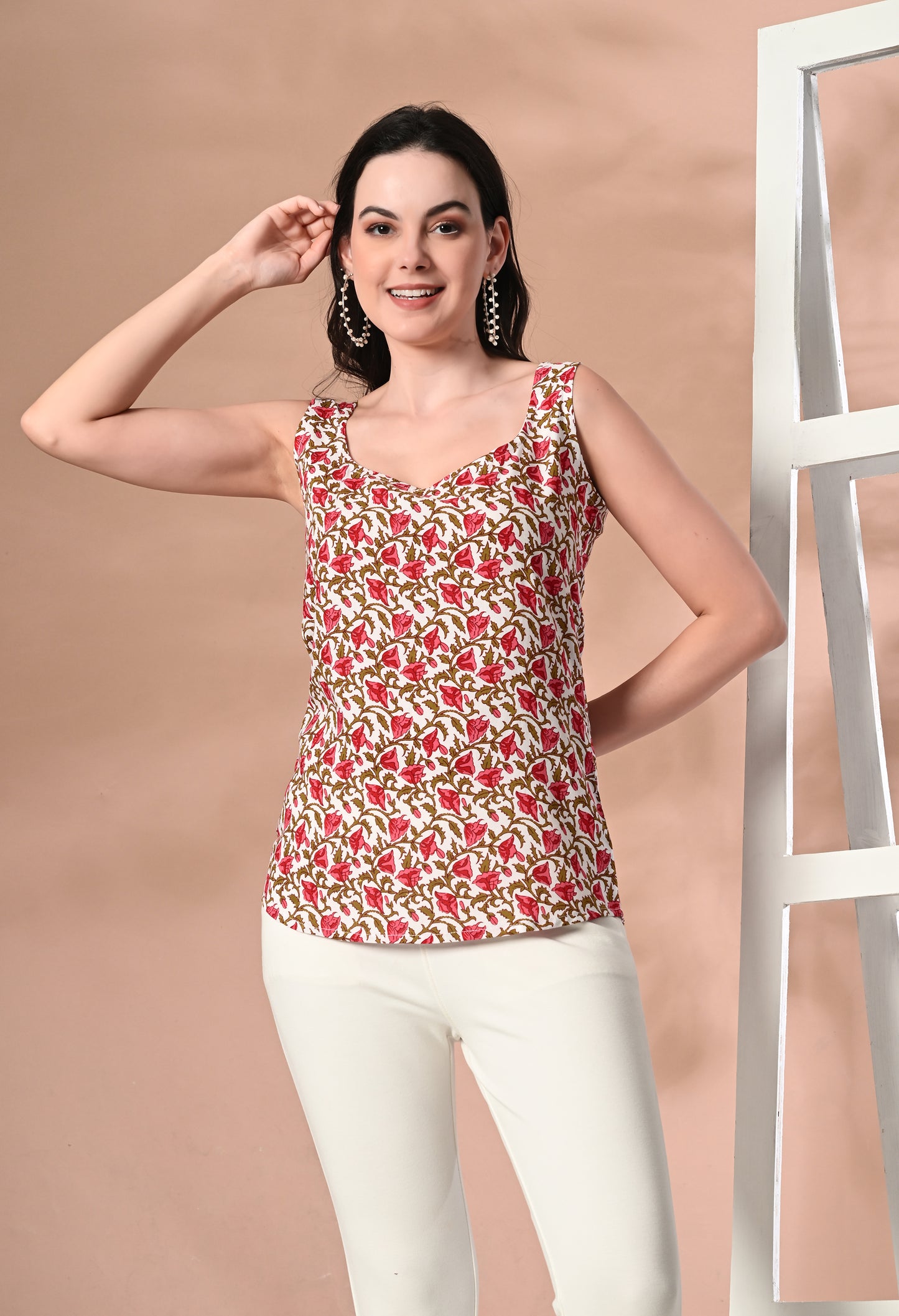 Crimson Petals Square Neck Sleeveless Top