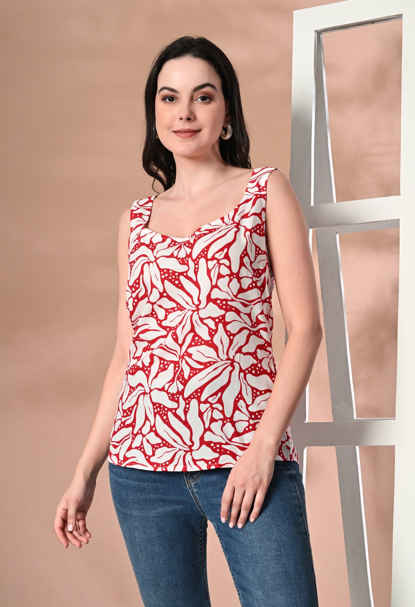 Scarlet Blossom Red Floral Printed Square Neck Sleeveless Top
