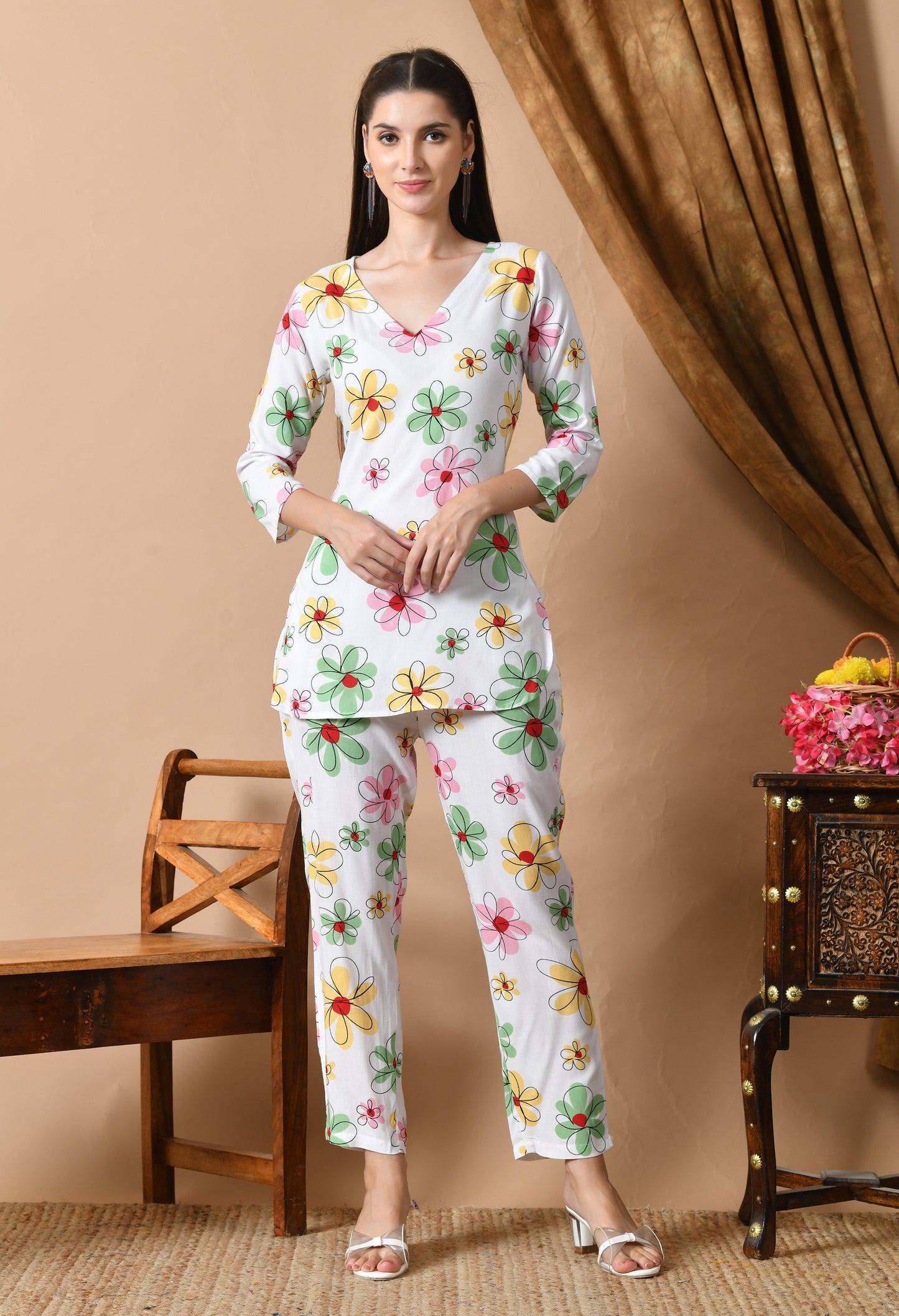 Whitesong – White Floral Night Suit for Women