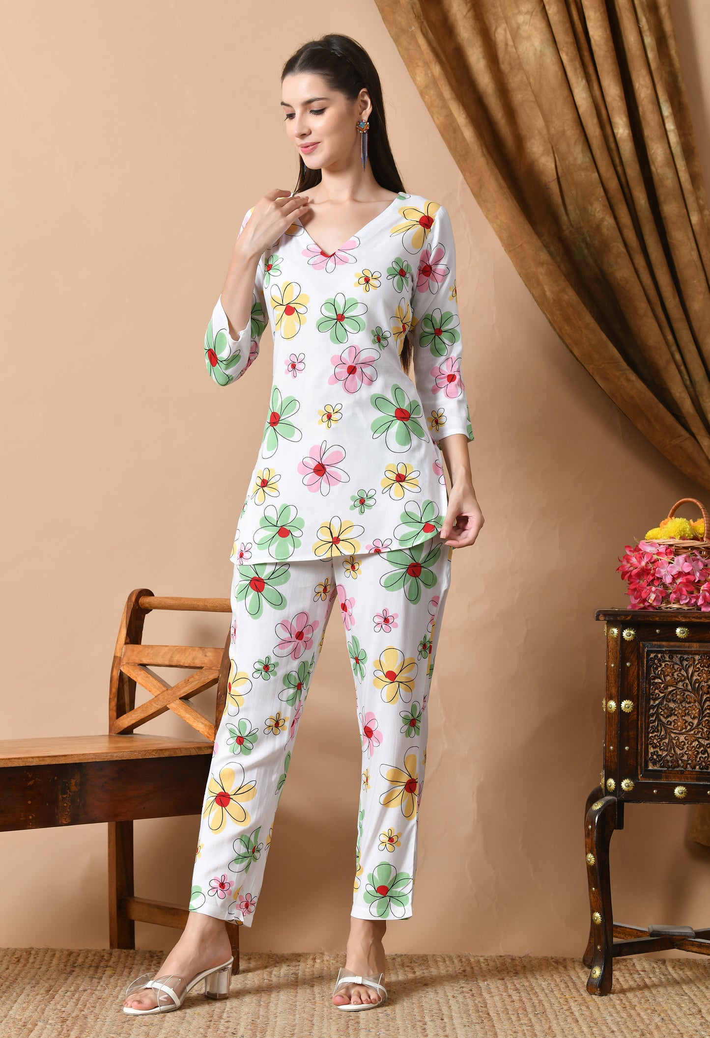 Whitesong – White Floral Night Suit for Women