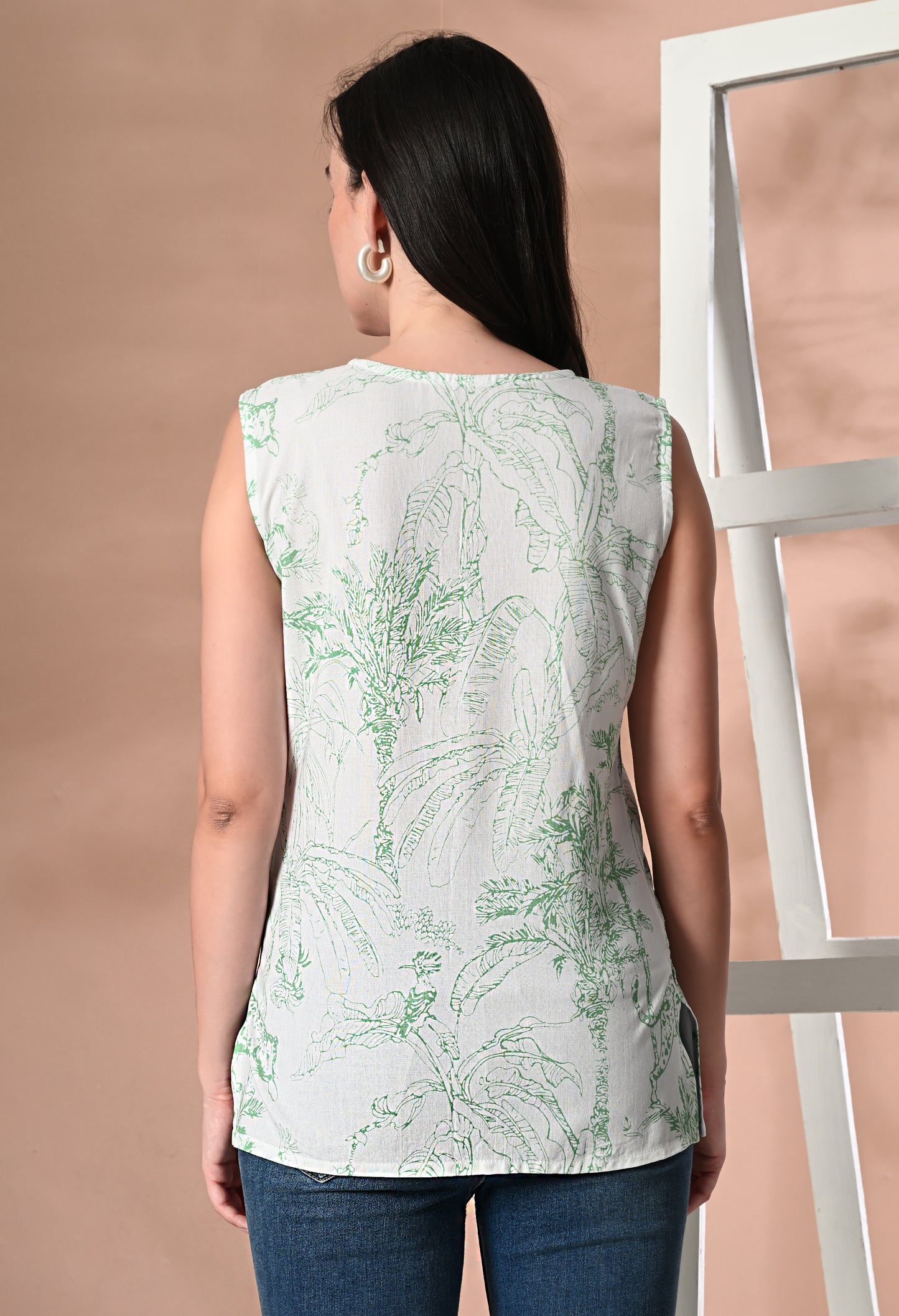 Jungle Chic with Green Animal Print V-Neck White Sleeveless Top