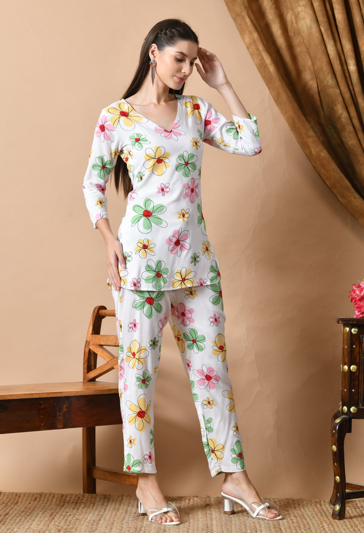 Whitesong – White Floral Night Suit for Women
