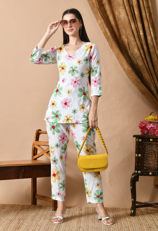 Whitesong – White Floral Night Suit for Women
