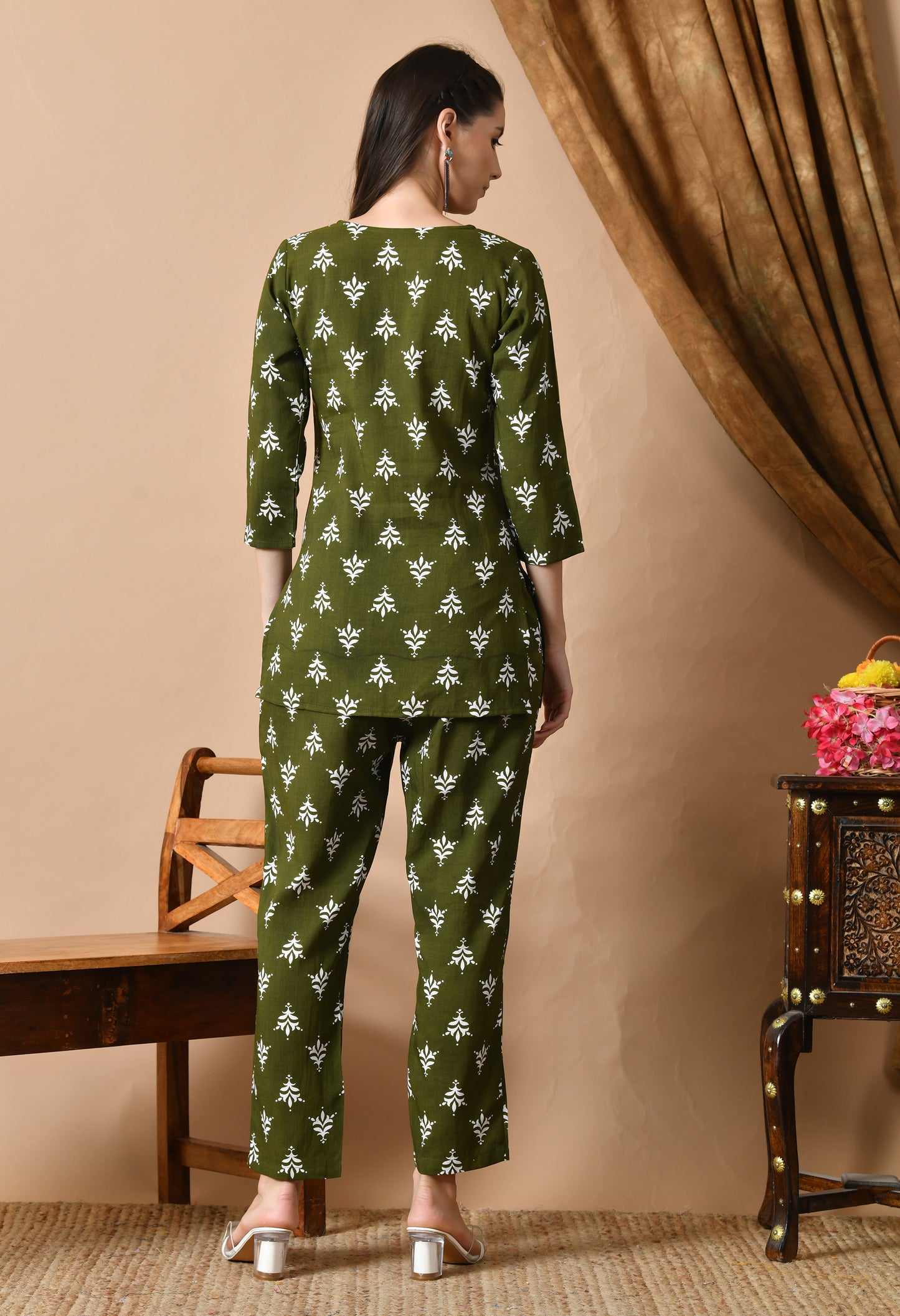 Olive Aura – Traditional Print Night Suit for Women