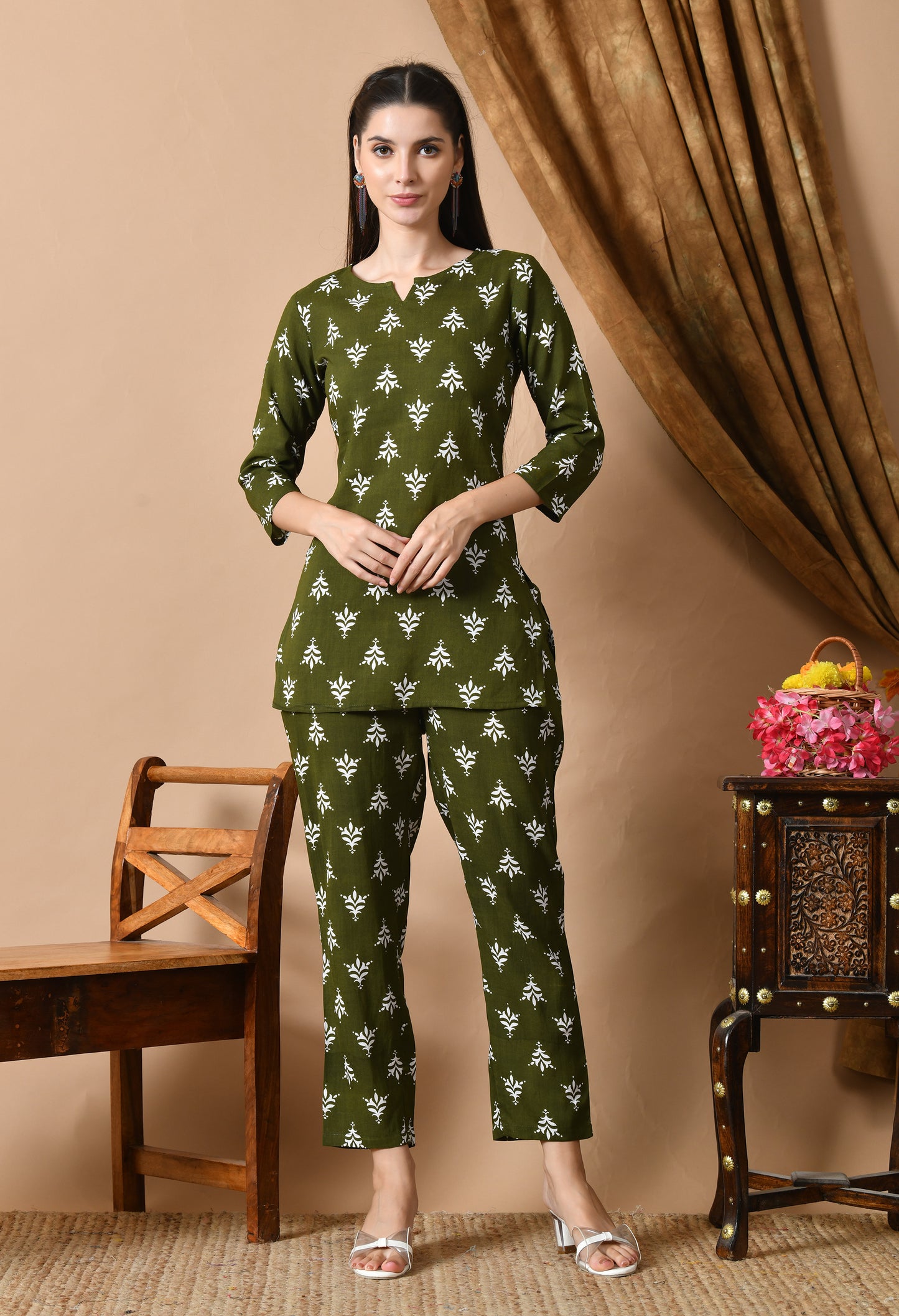 Olive Aura – Traditional Print Night Suit for Women