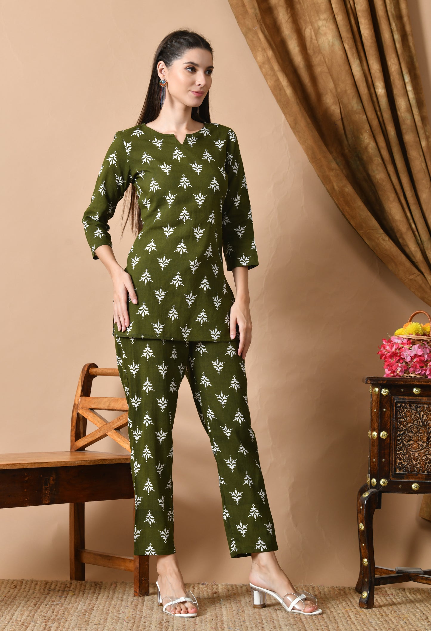 Olive Aura – Traditional Print Night Suit for Women