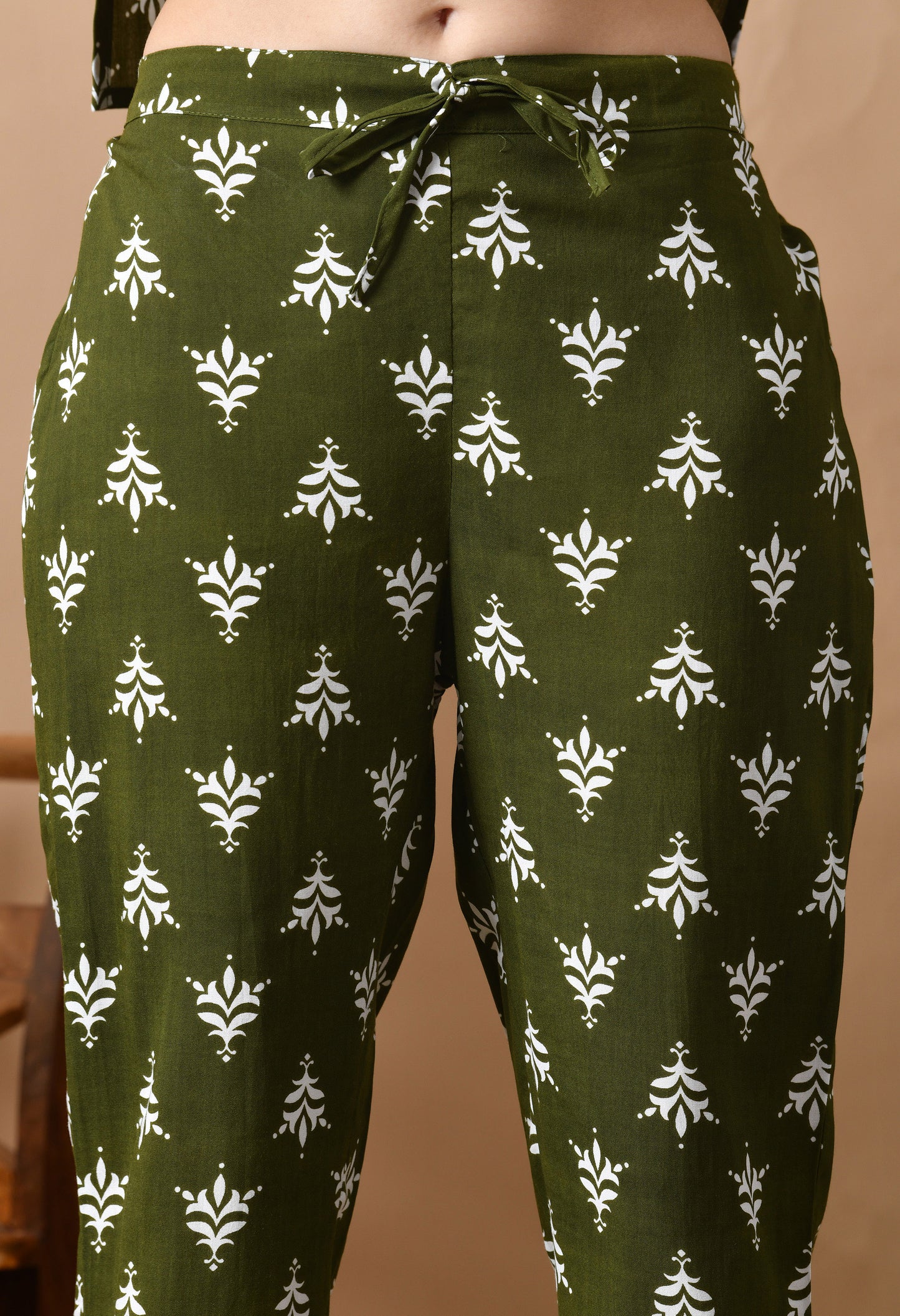 Olive Aura – Traditional Print Night Suit for Women