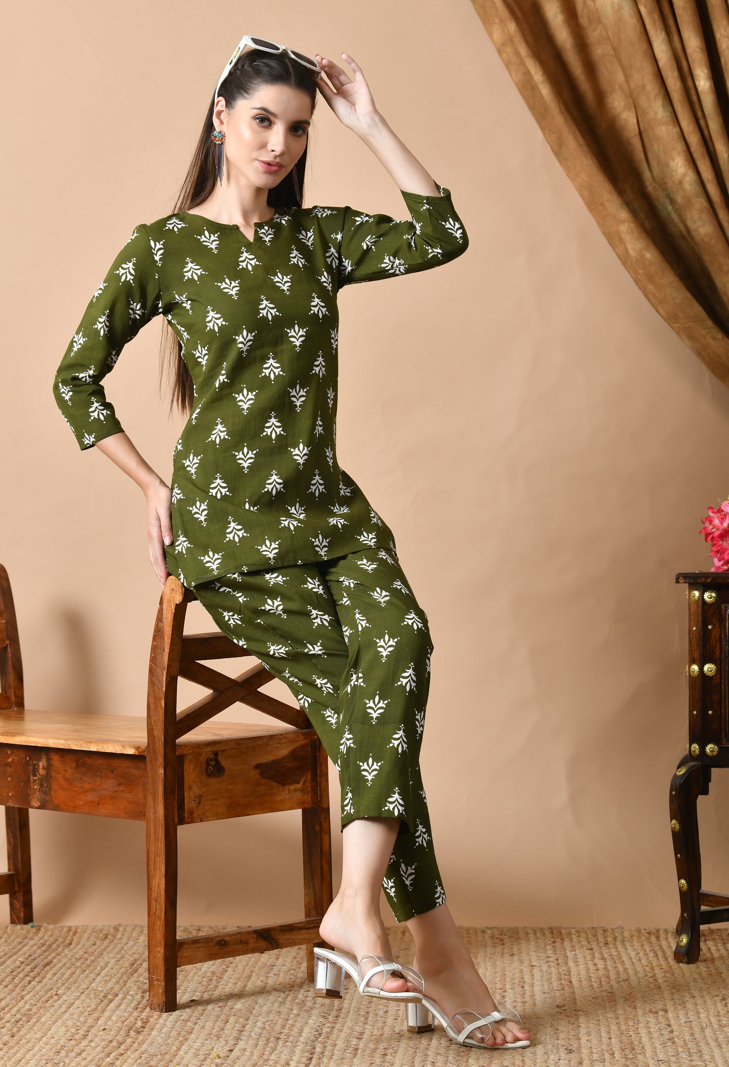 Olive Aura – Traditional Print Night Suit for Women