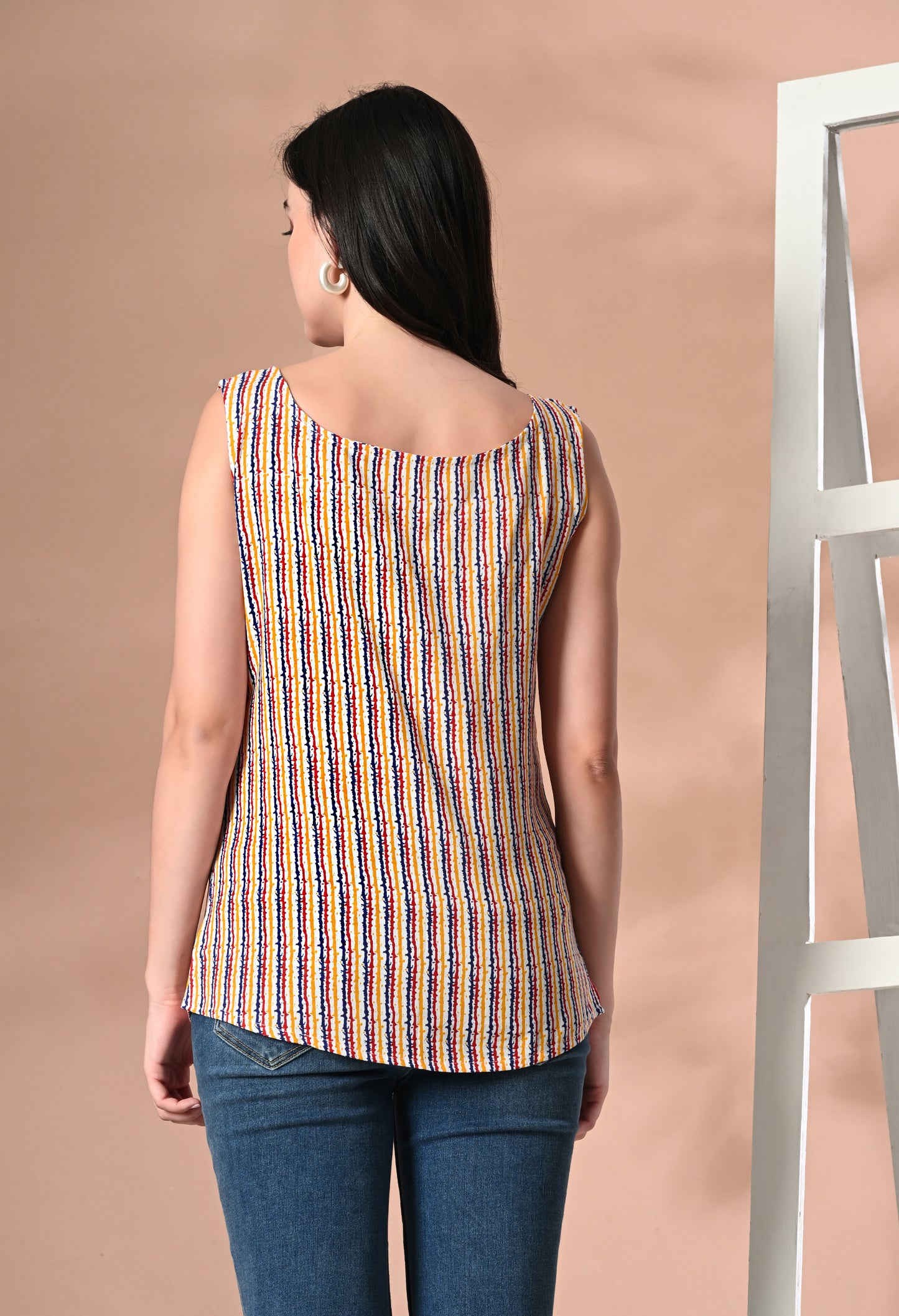 Sunset Stripes Beige Square Neck Sleeveless Top