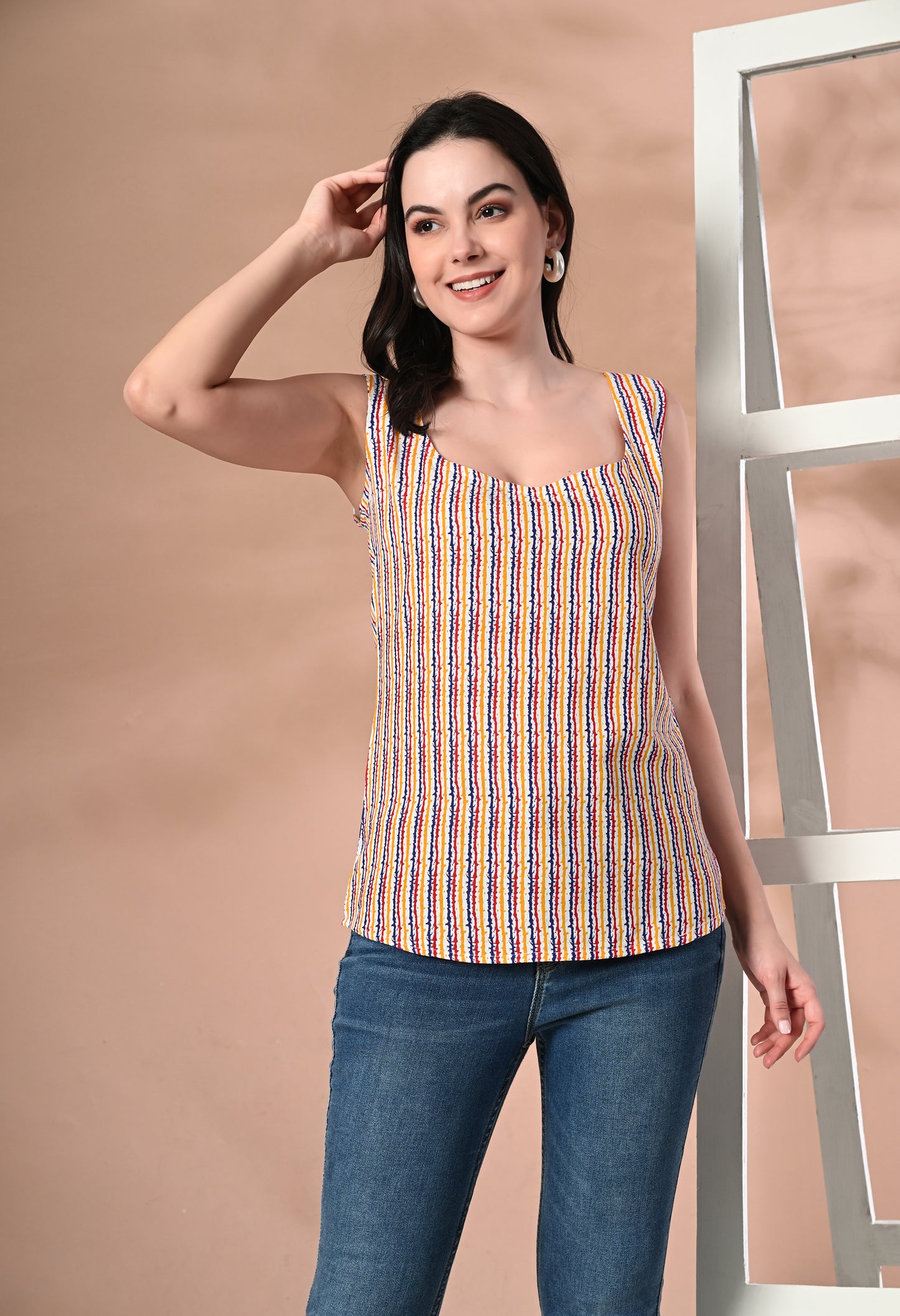 Sunset Stripes Beige Square Neck Sleeveless Top