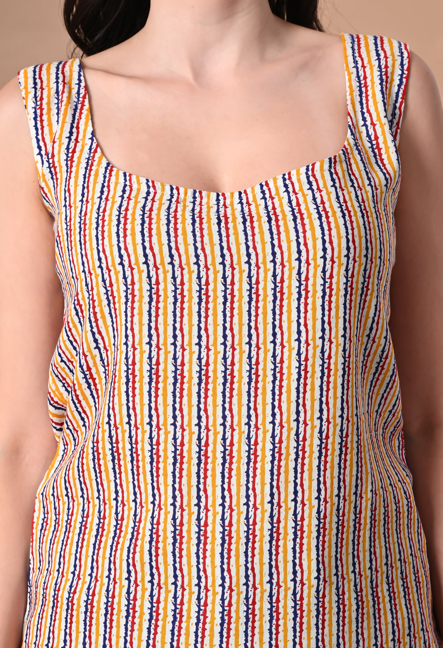 Sunset Stripes Beige Square Neck Sleeveless Top