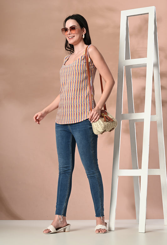 Sunset Stripes Beige Square Neck Sleeveless Top