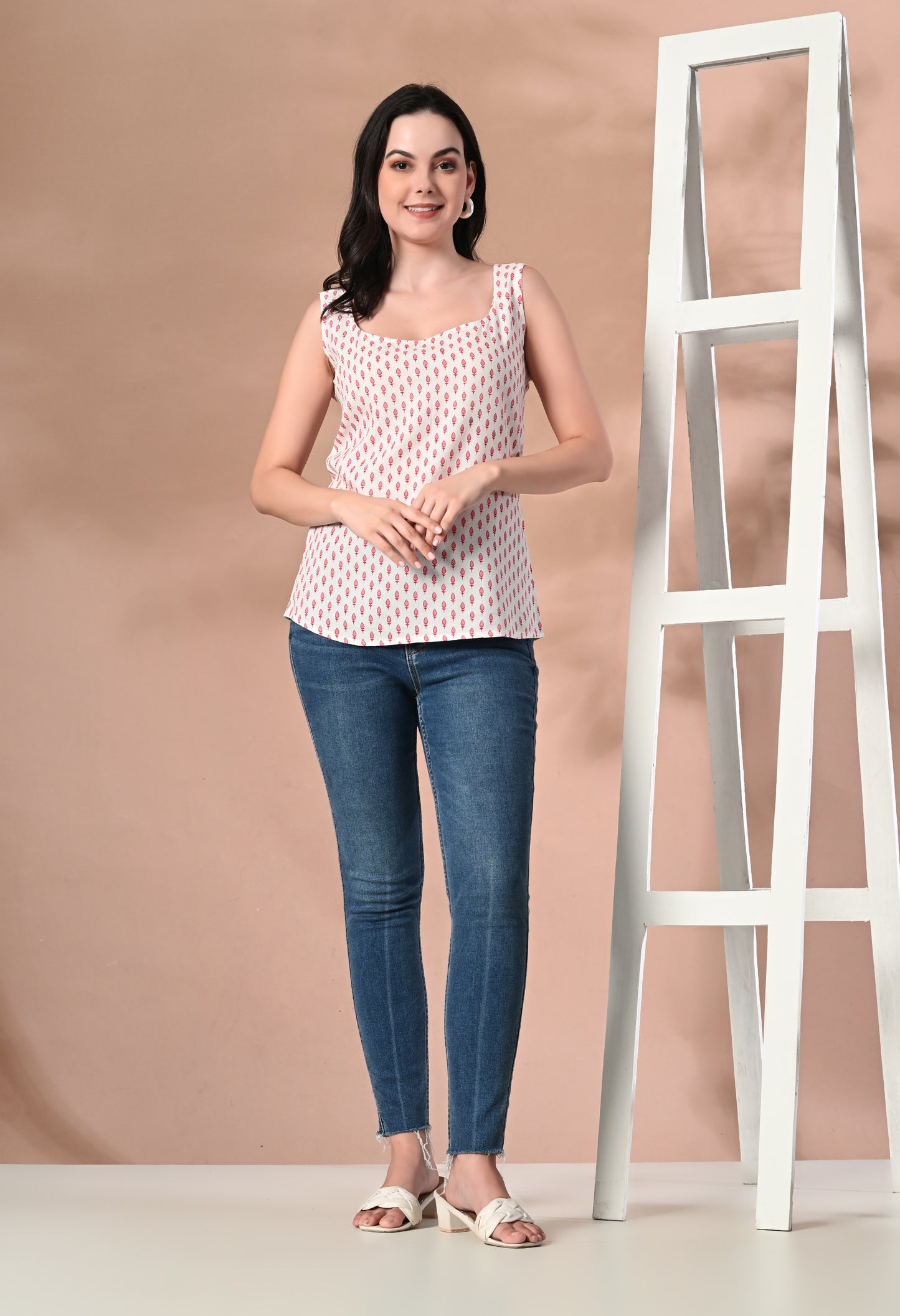 Crimson Leaf Petals Square Neck Sleeveless Top
