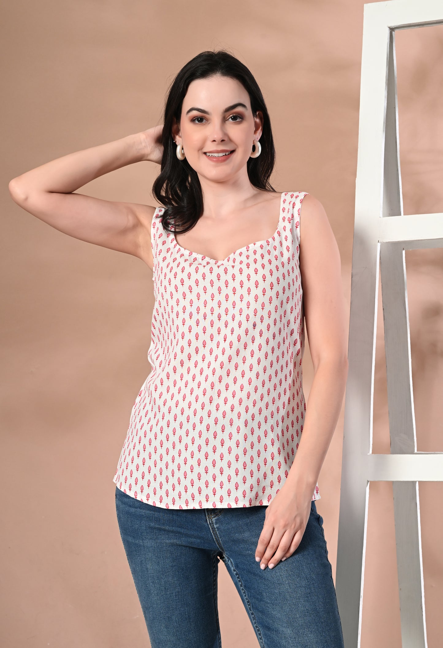Crimson Leaf Petals Square Neck Sleeveless Top