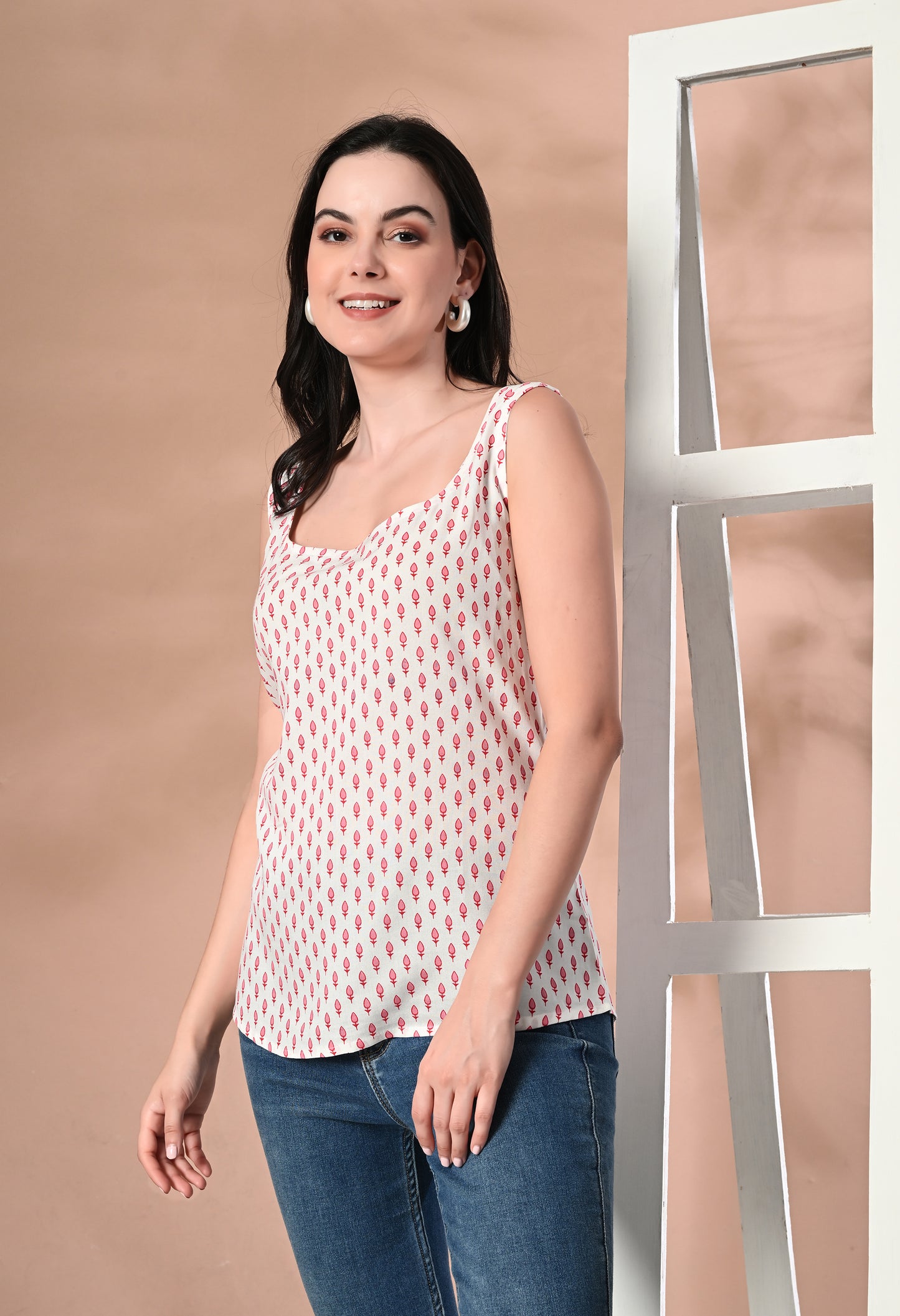 Crimson Leaf Petals Square Neck Sleeveless Top
