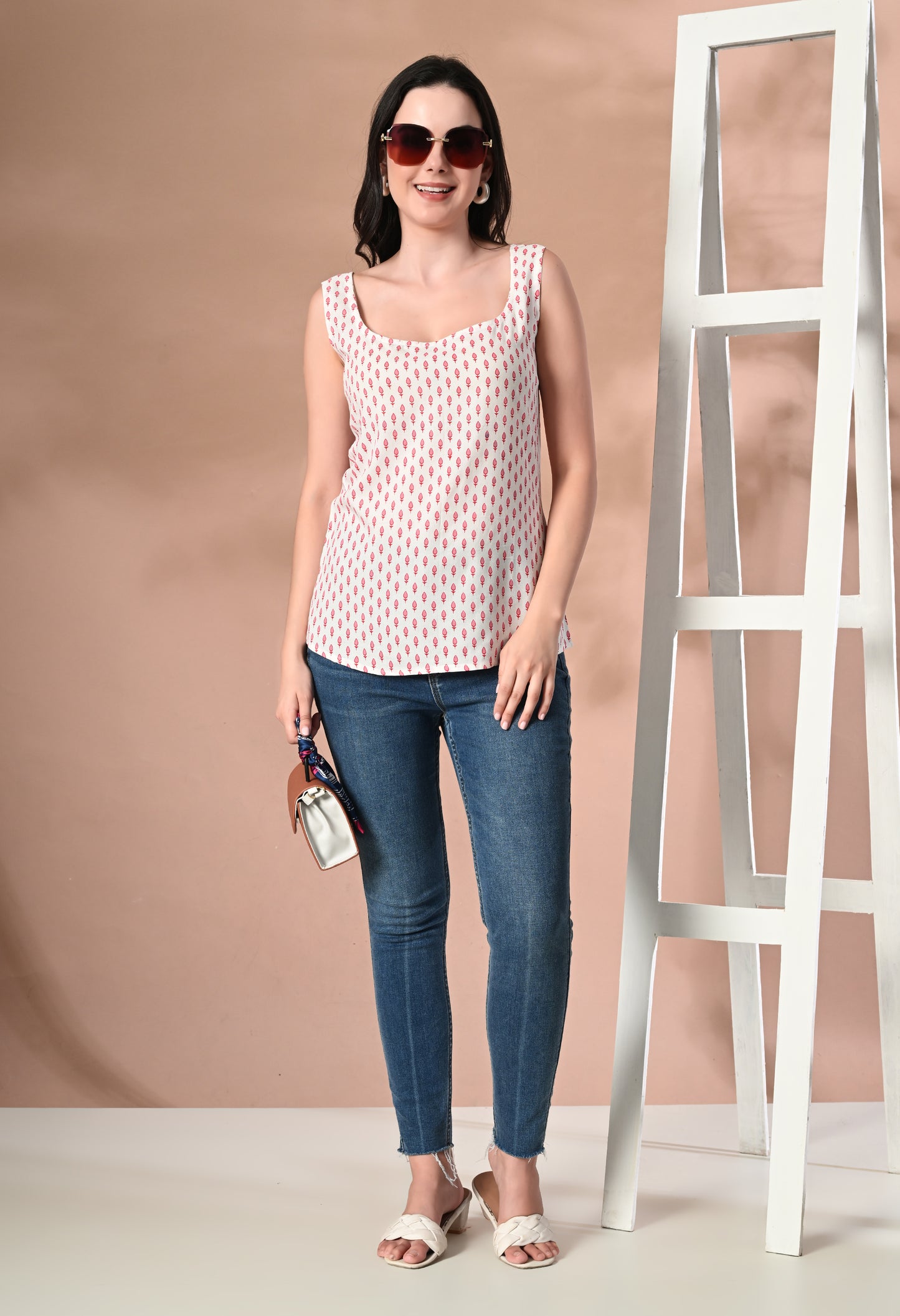 Crimson Leaf Petals Square Neck Sleeveless Top