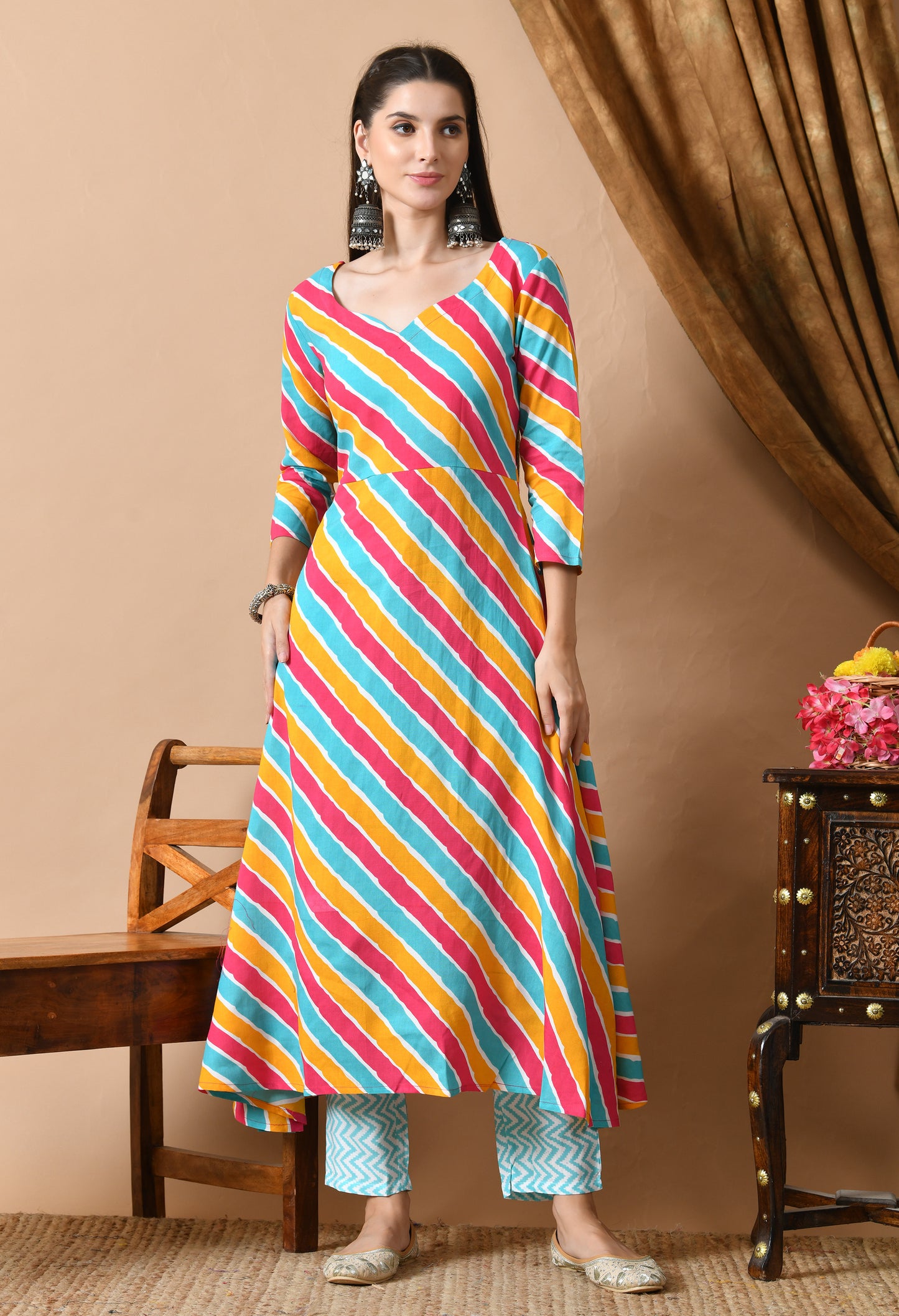 Multicolor Leheriya Print Kurta Set with Dupatta