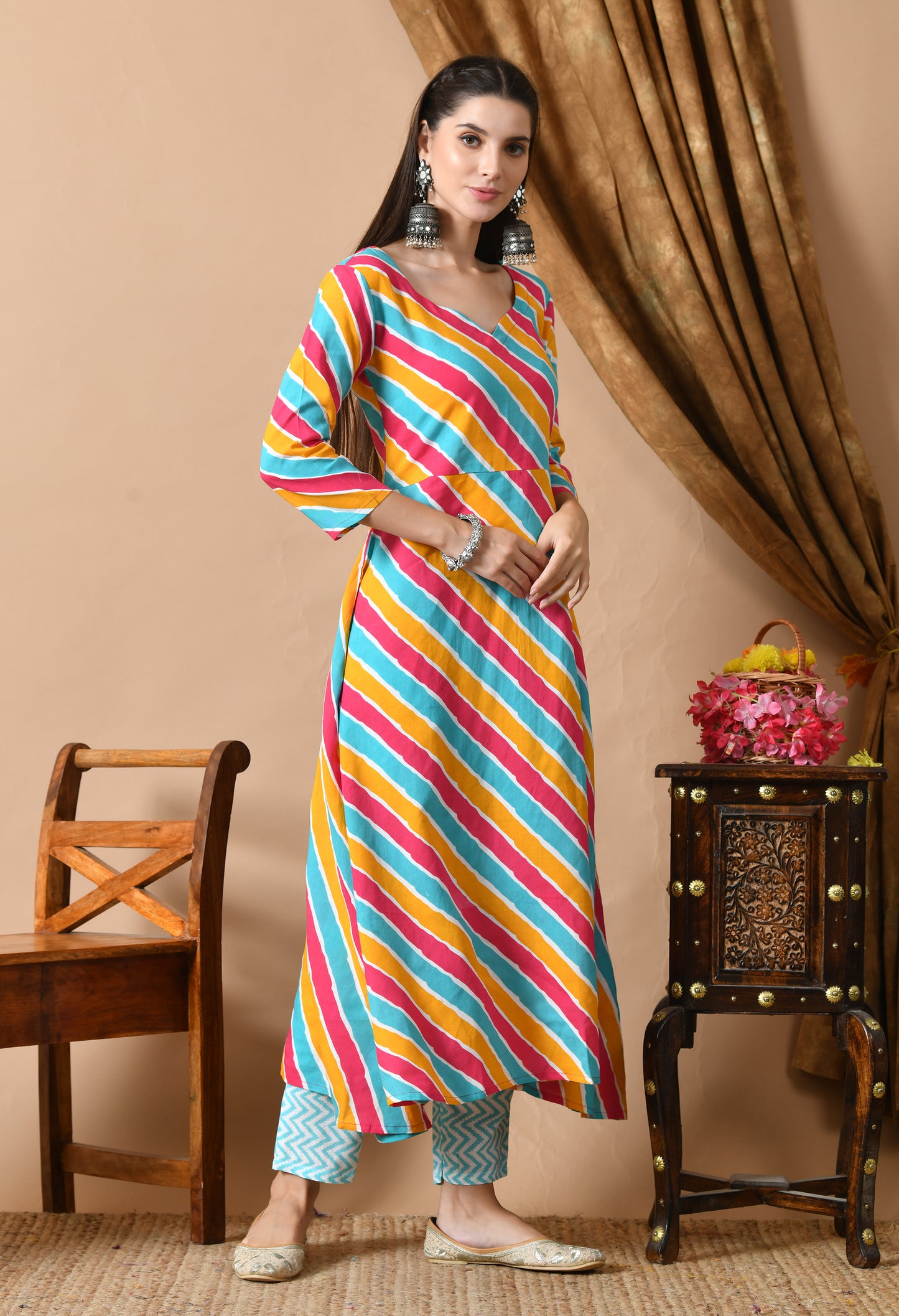 Multicolor Leheriya Print Kurta Set with Dupatta
