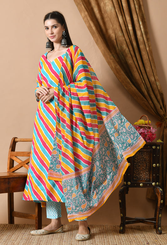 Multicolor Leheriya Print Kurta Set with Dupatta