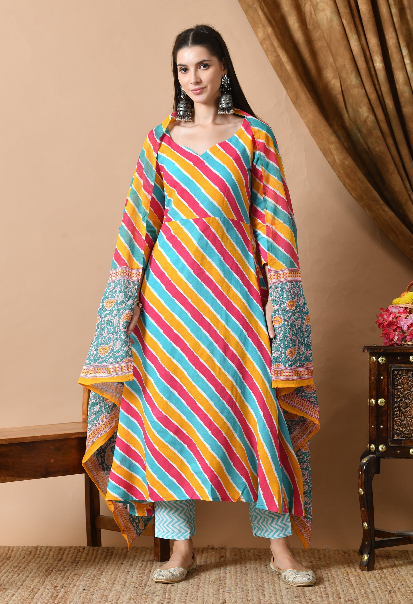 Multicolor Leheriya Print Kurta Set with Dupatta