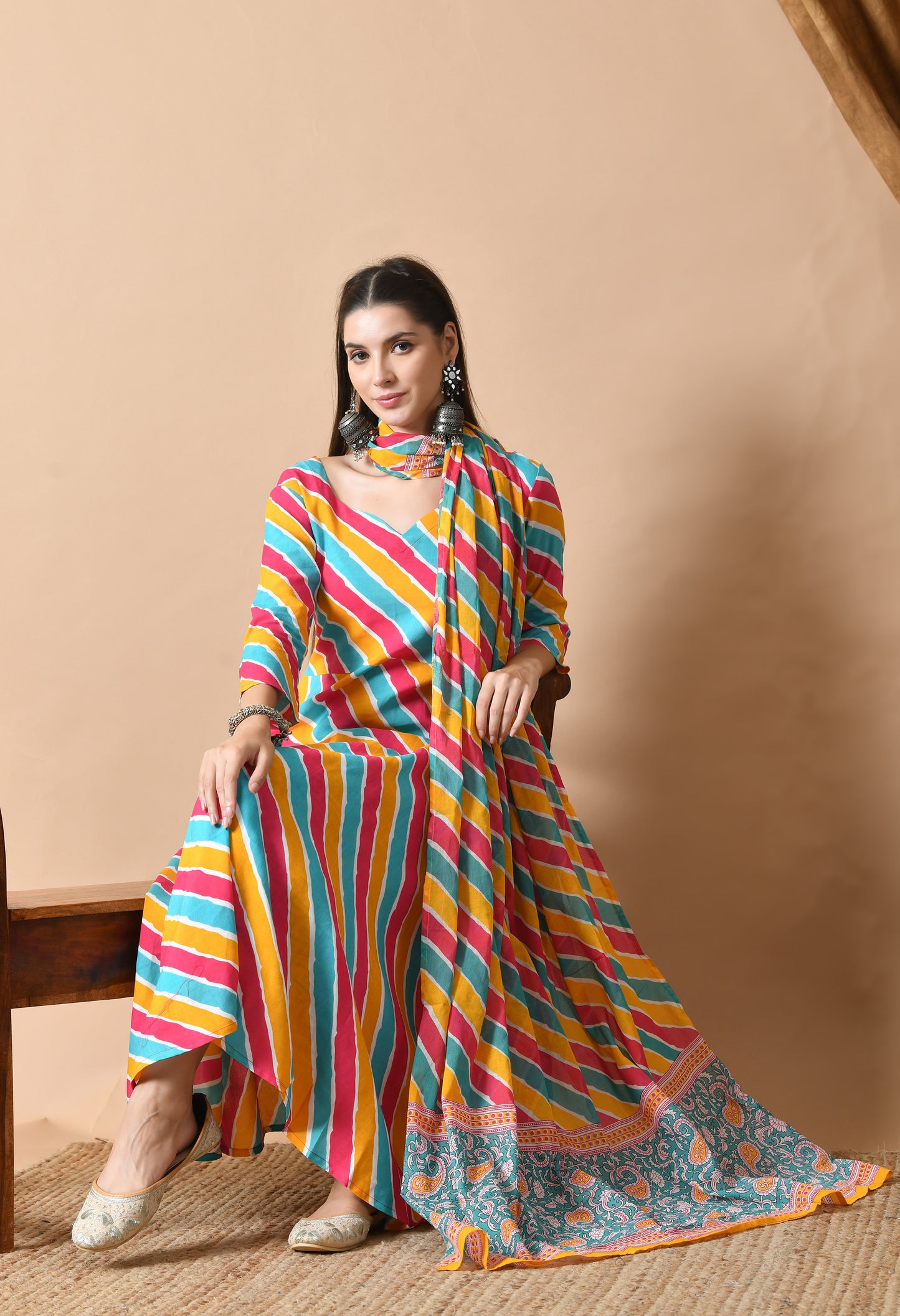 Multicolor Leheriya Print Kurta Set with Dupatta
