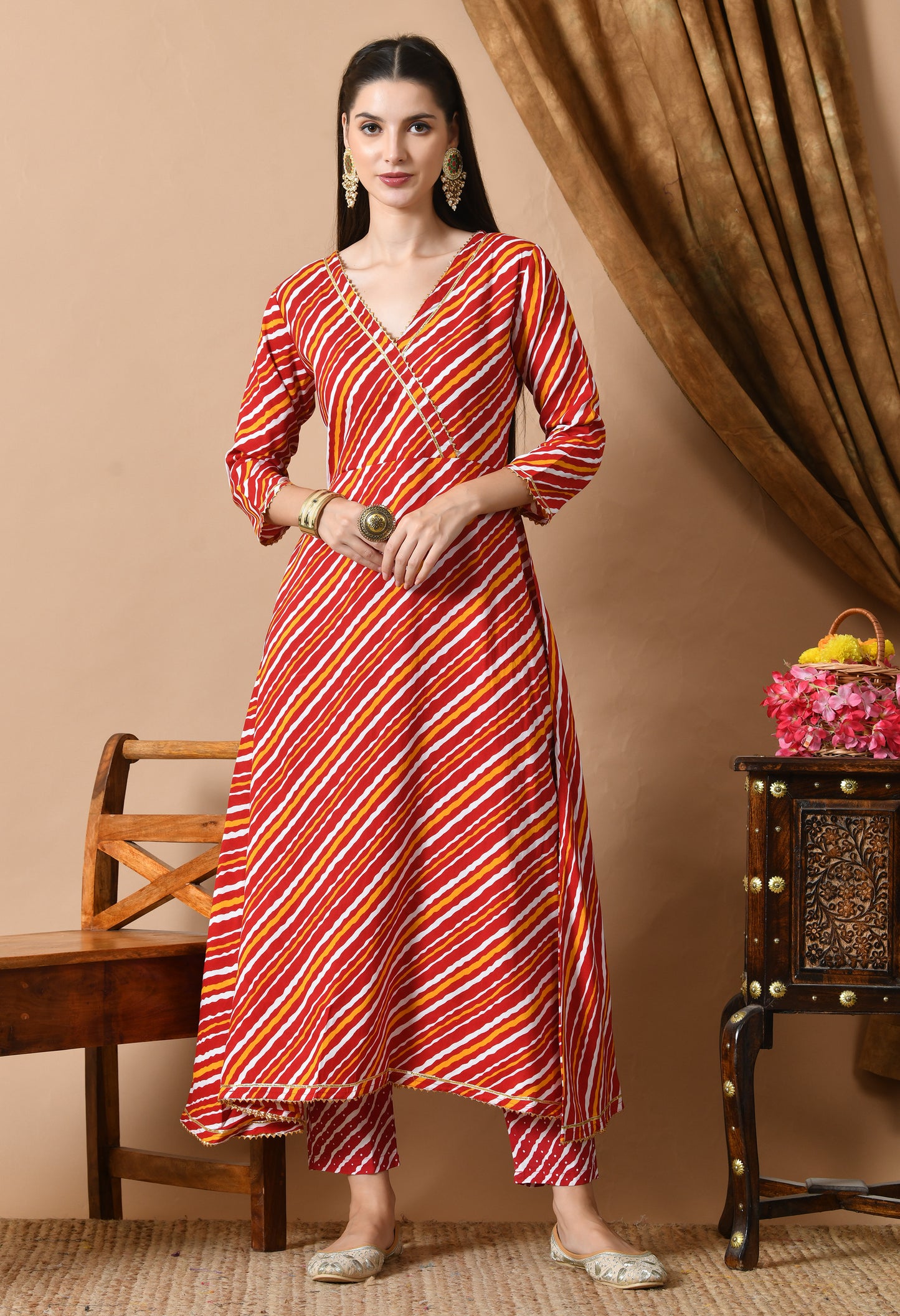 Red Yellow Leheriya Print Kurta Set with Dupatta