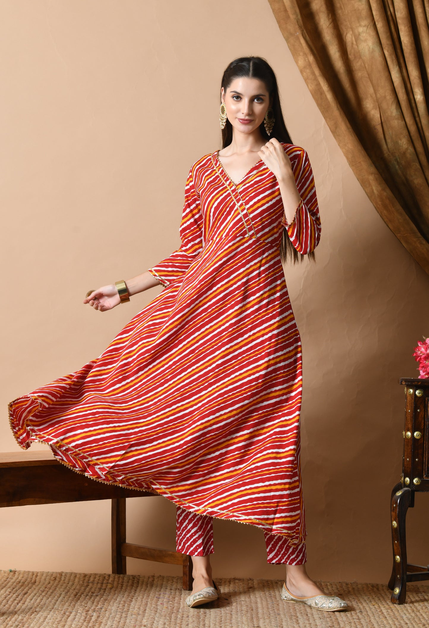 Red Yellow Leheriya Print Kurta Set with Dupatta