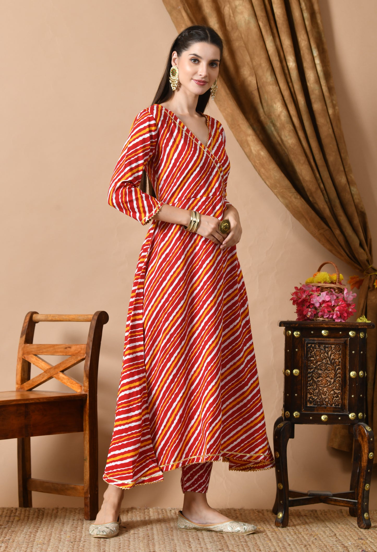 Red Yellow Leheriya Print Kurta Set with Dupatta