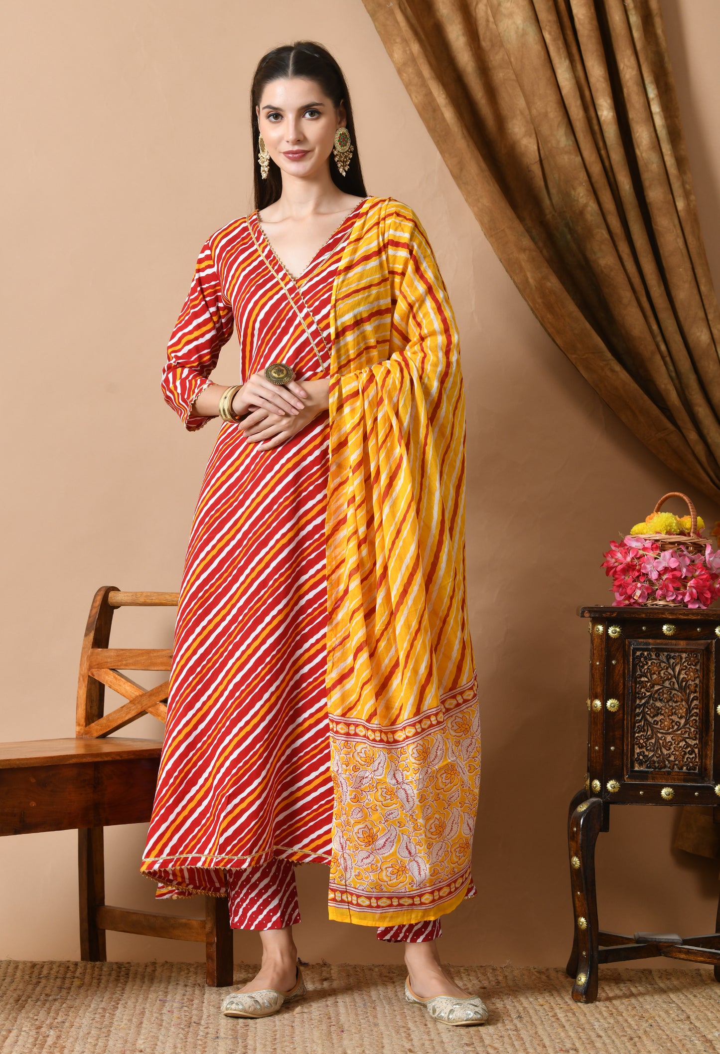 Red Yellow Leheriya Print Kurta Set with Dupatta