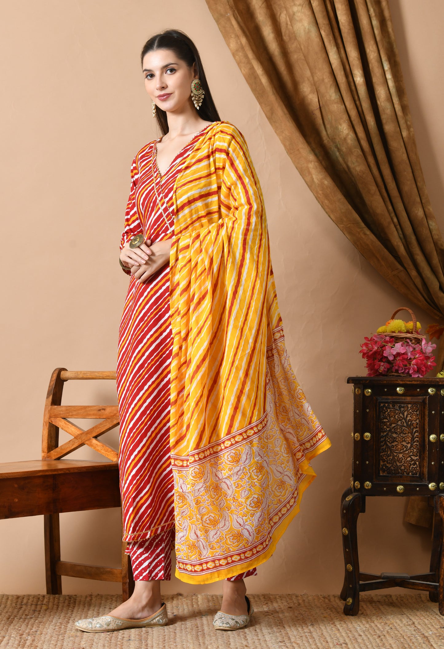Red Yellow Leheriya Print Kurta Set with Dupatta