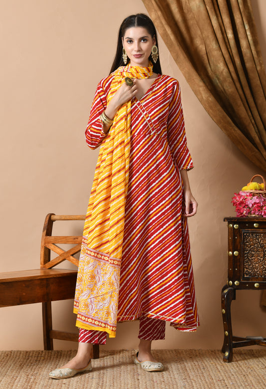 Red Yellow Leheriya Print Kurta Set with Dupatta