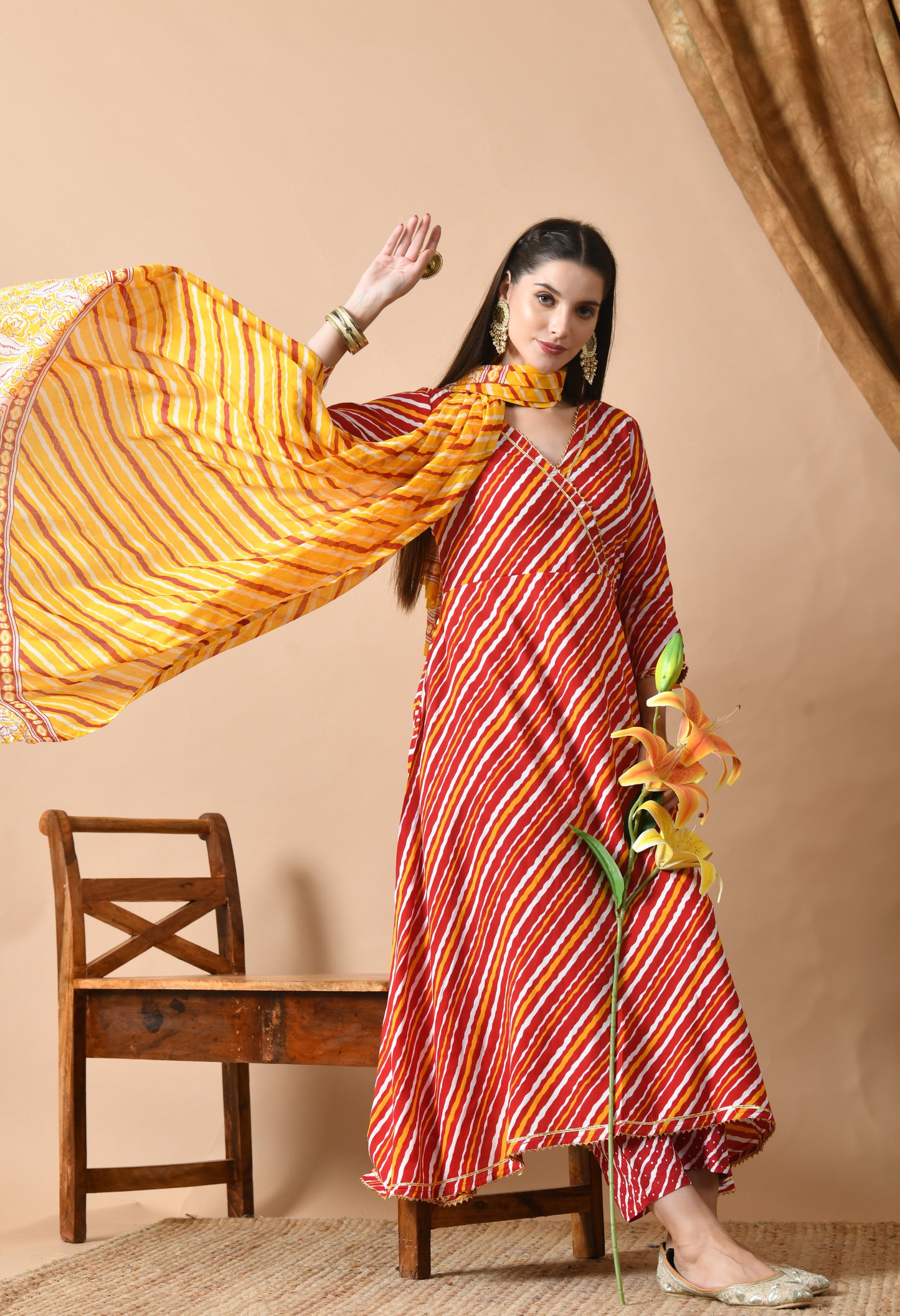 Red Yellow Leheriya Print Kurta Set with Dupatta