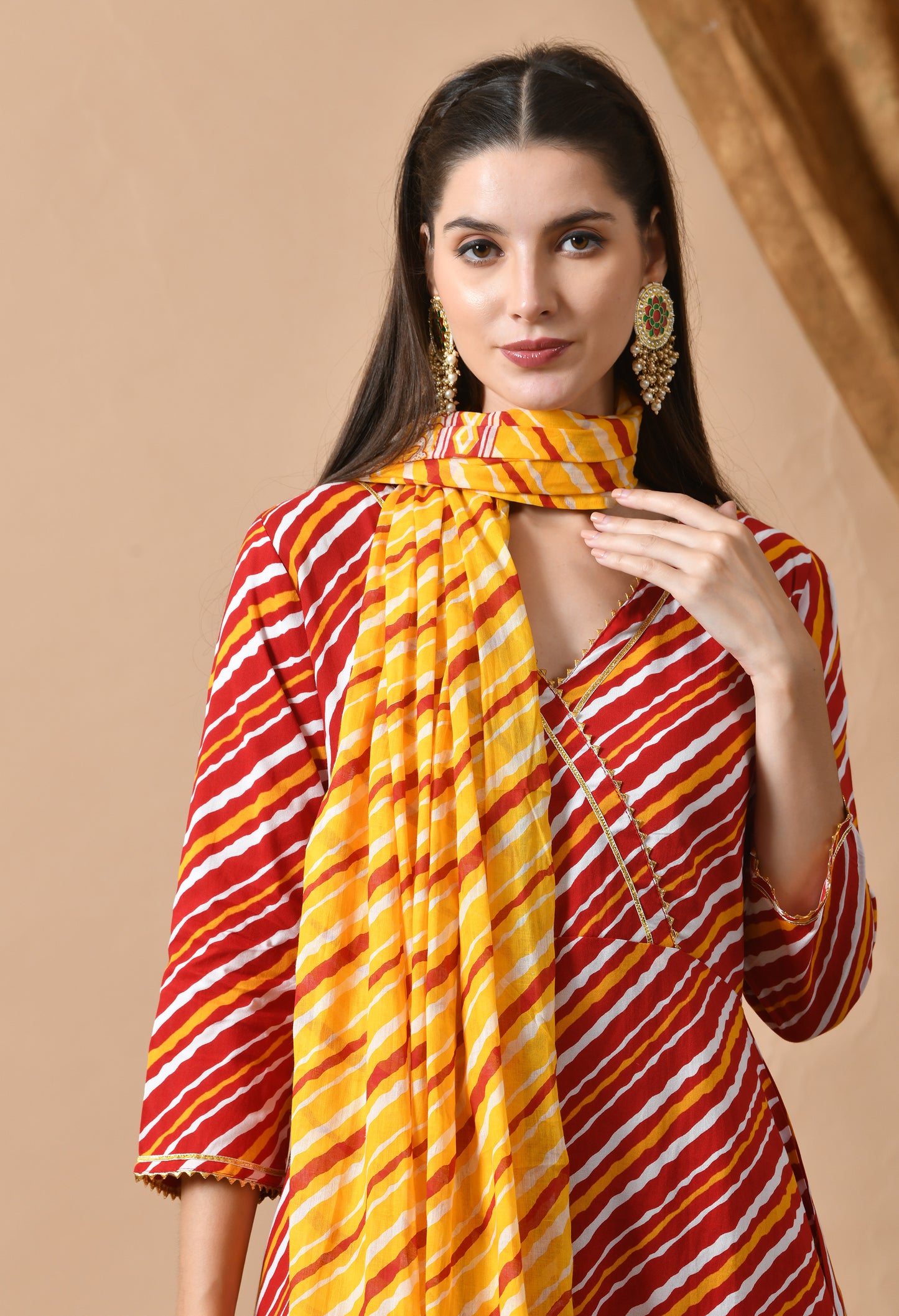 Red Yellow Leheriya Print Kurta Set with Dupatta
