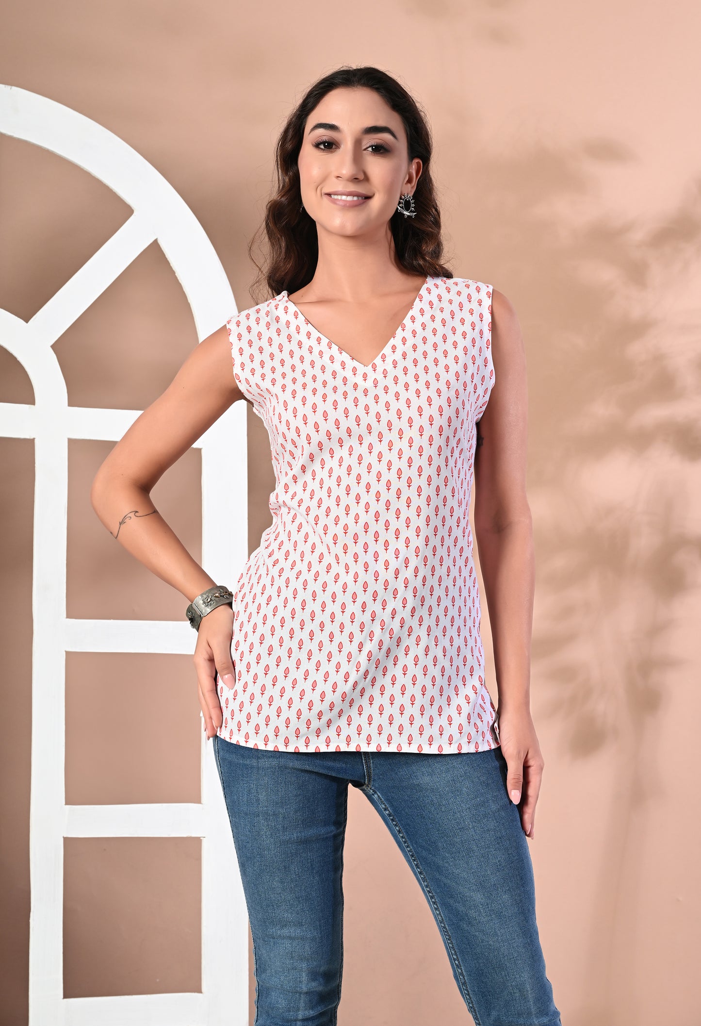 Crimson Leaf White V-Neck Sleeveless Top