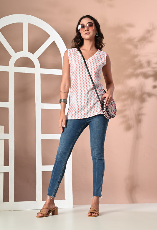 Crimson Leaf White V-Neck Sleeveless Top