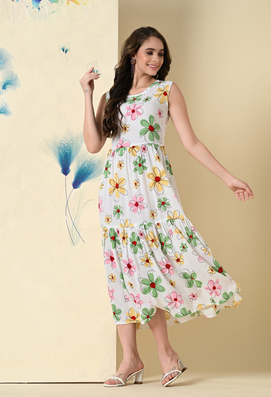 Blossom Whispers Tiered White Dress