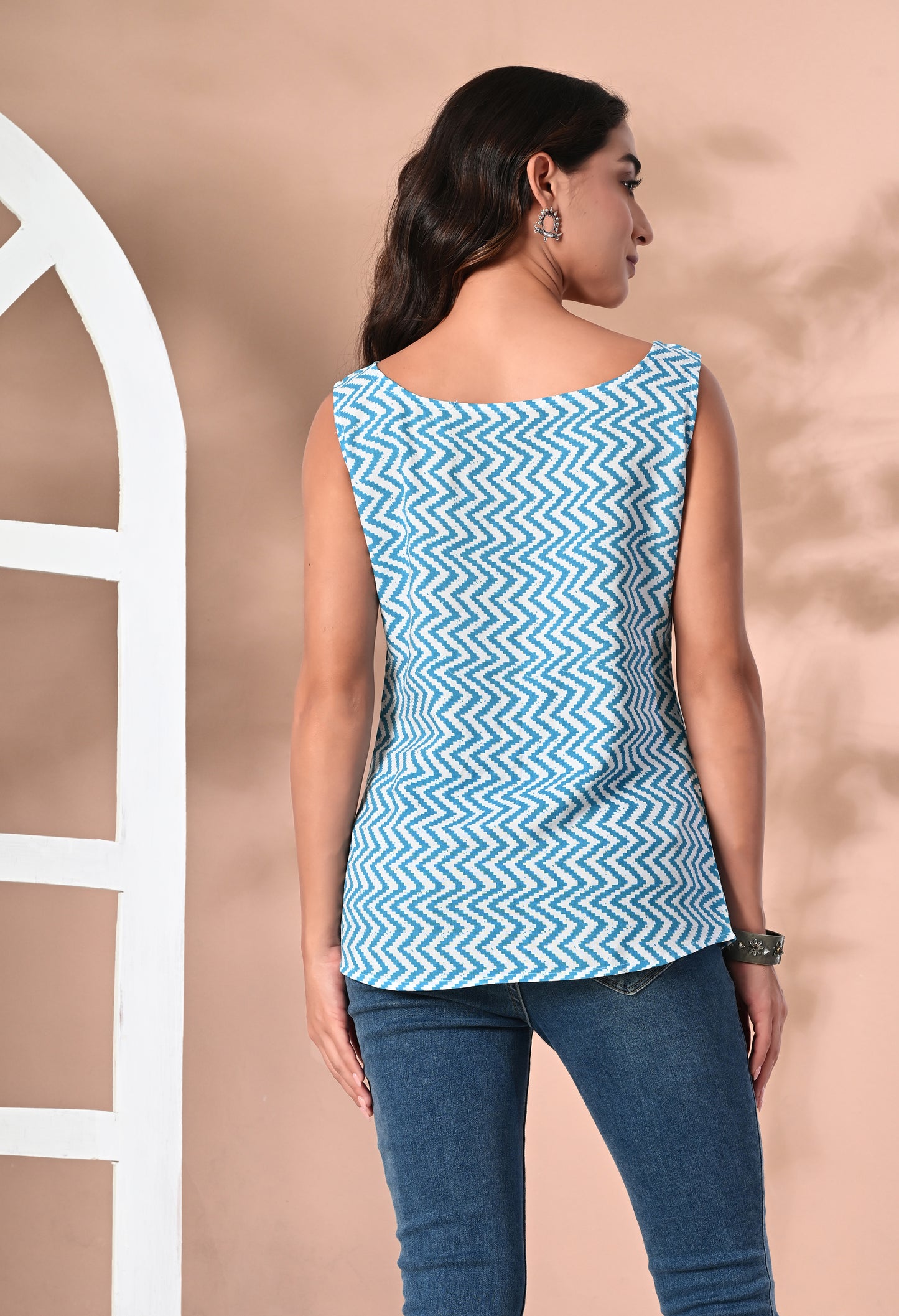 Zigzag Azure Blue Square Neck Sleeveless Top