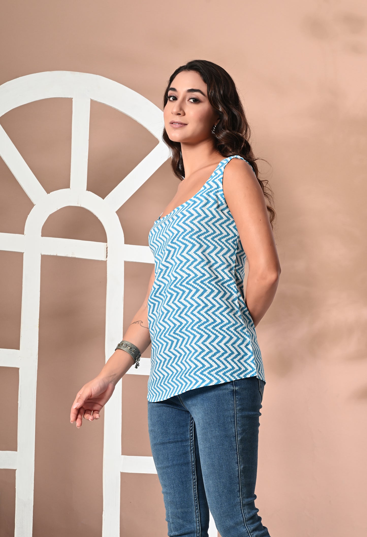 Zigzag Azure Blue Square Neck Sleeveless Top