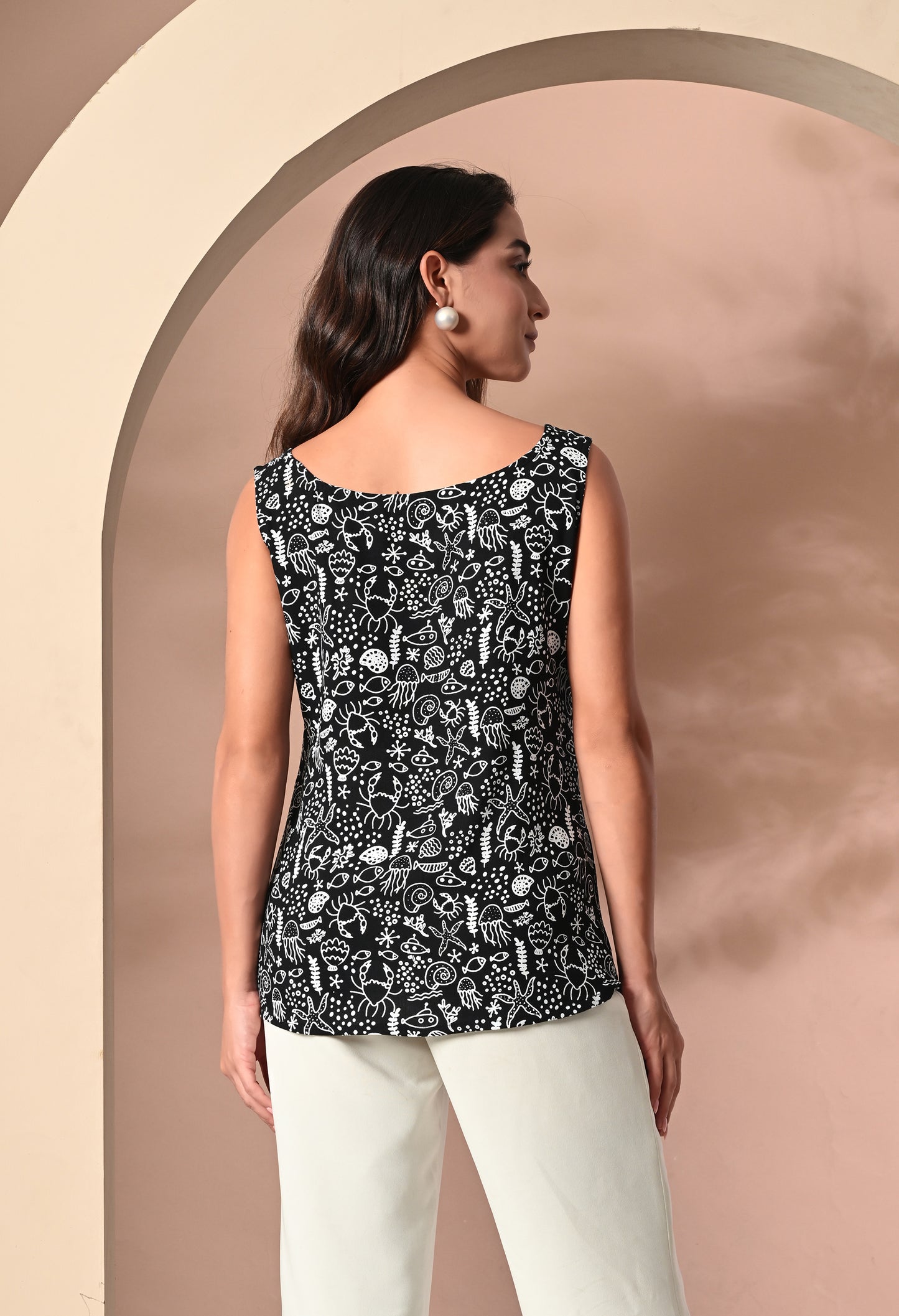 Midnight Blossom Black Square Neck Sleeveless Top