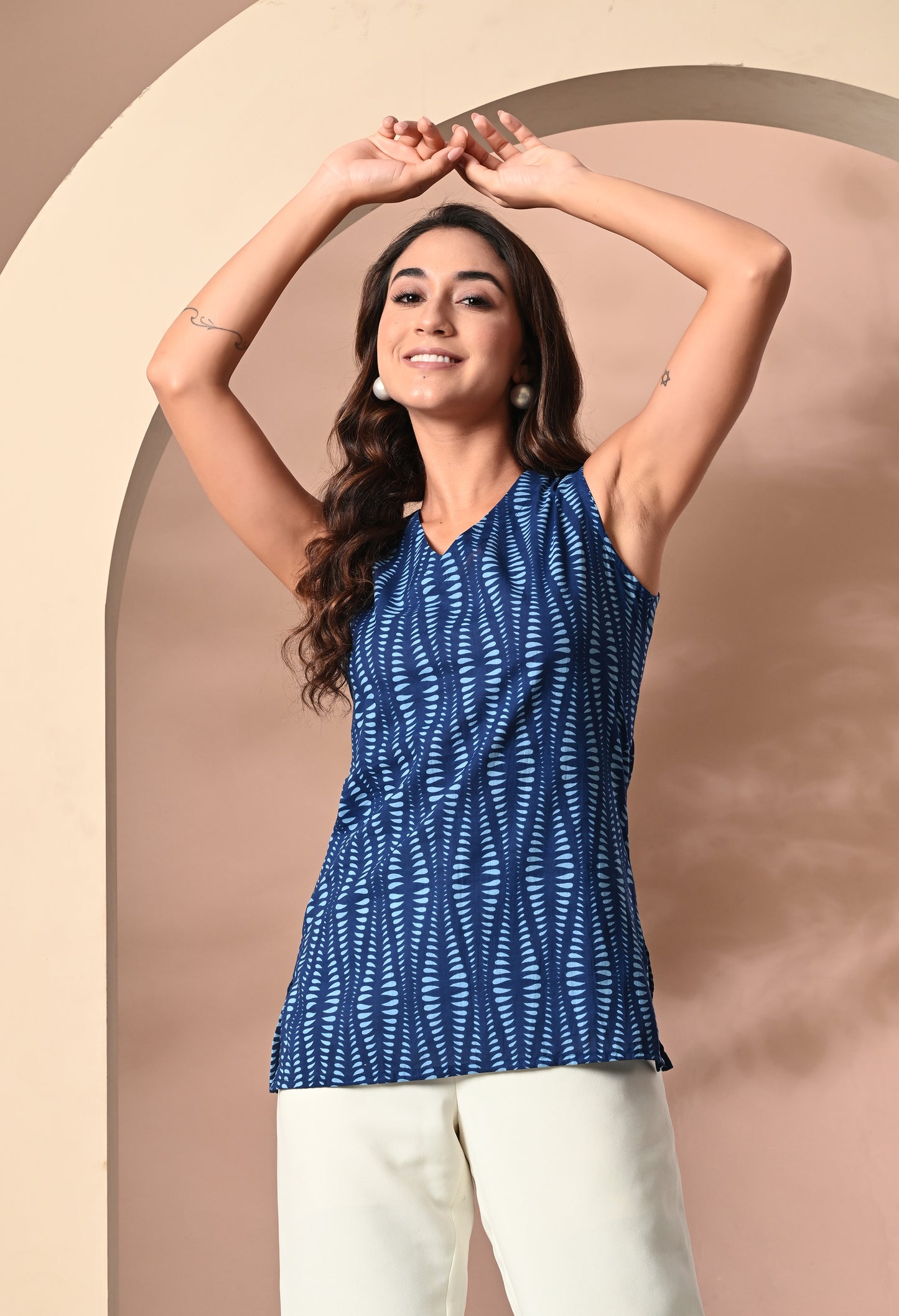 Blue Horizon Striped Navy Blue V-Neck Sleeveless Top